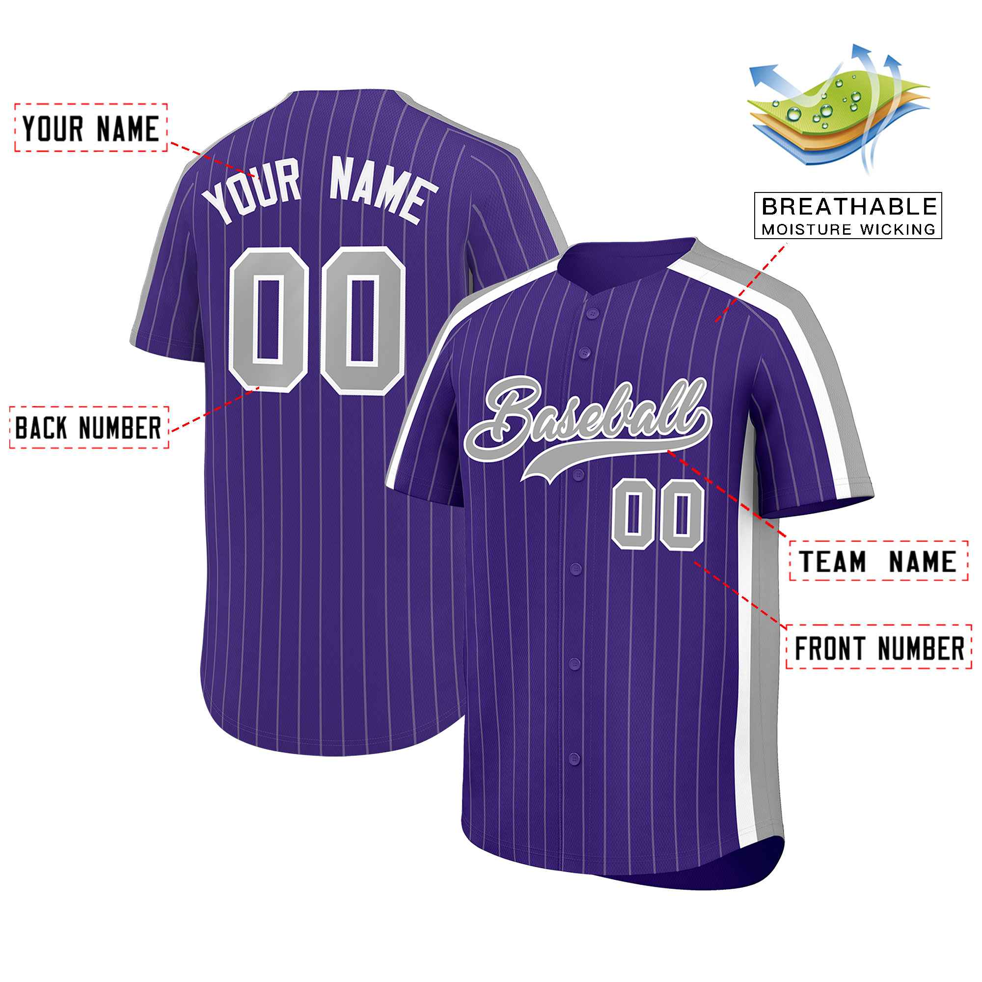 Custom Purple Gray Pinstripe Personalized Side Two-tone Authentic Baseball Jersey