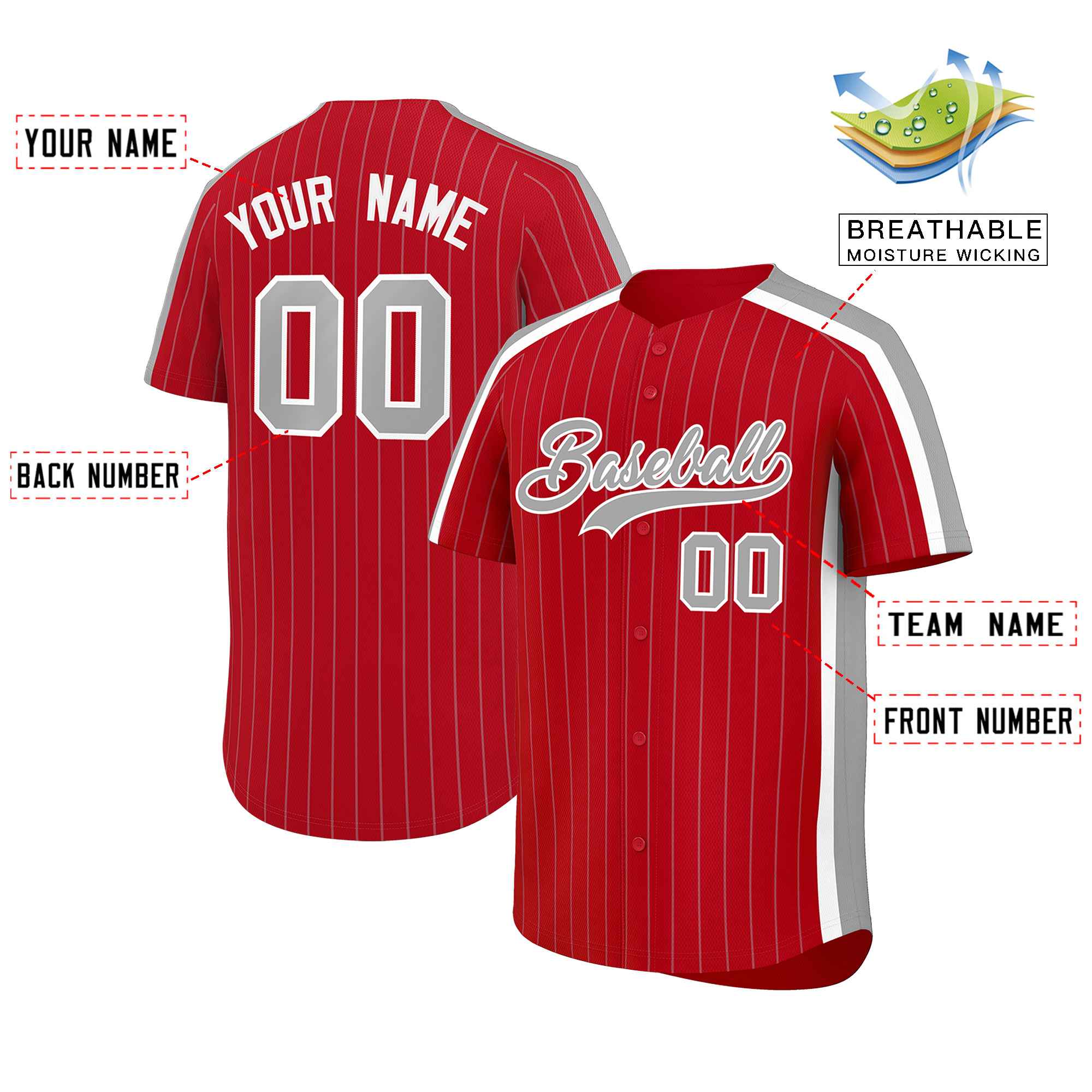 Custom Red Gray Pinstripe Personalized Side Two-tone Authentic Baseball Jersey