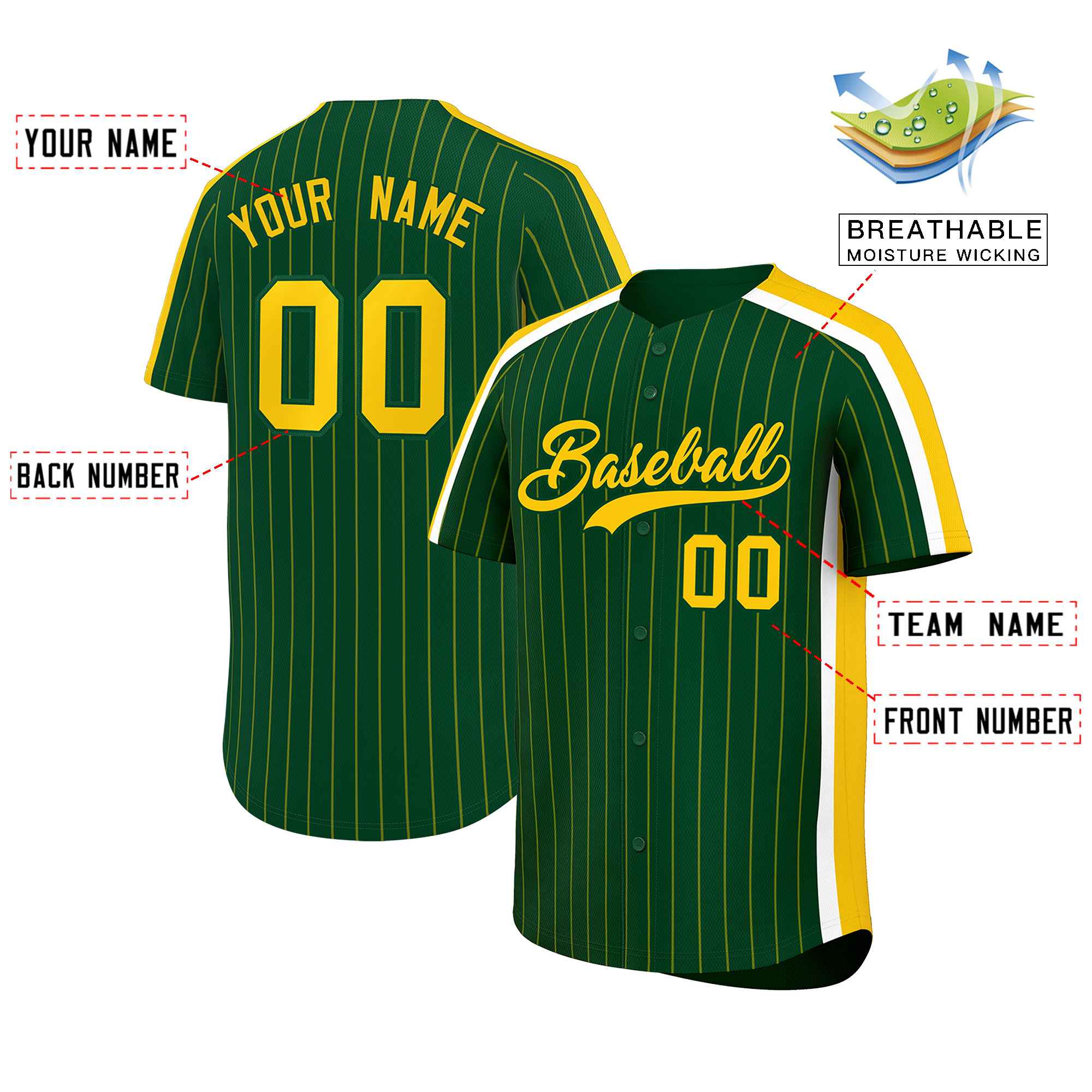 Custom Green Gold Pinstripe Personalized Side Two-tone Authentic Baseball Jersey