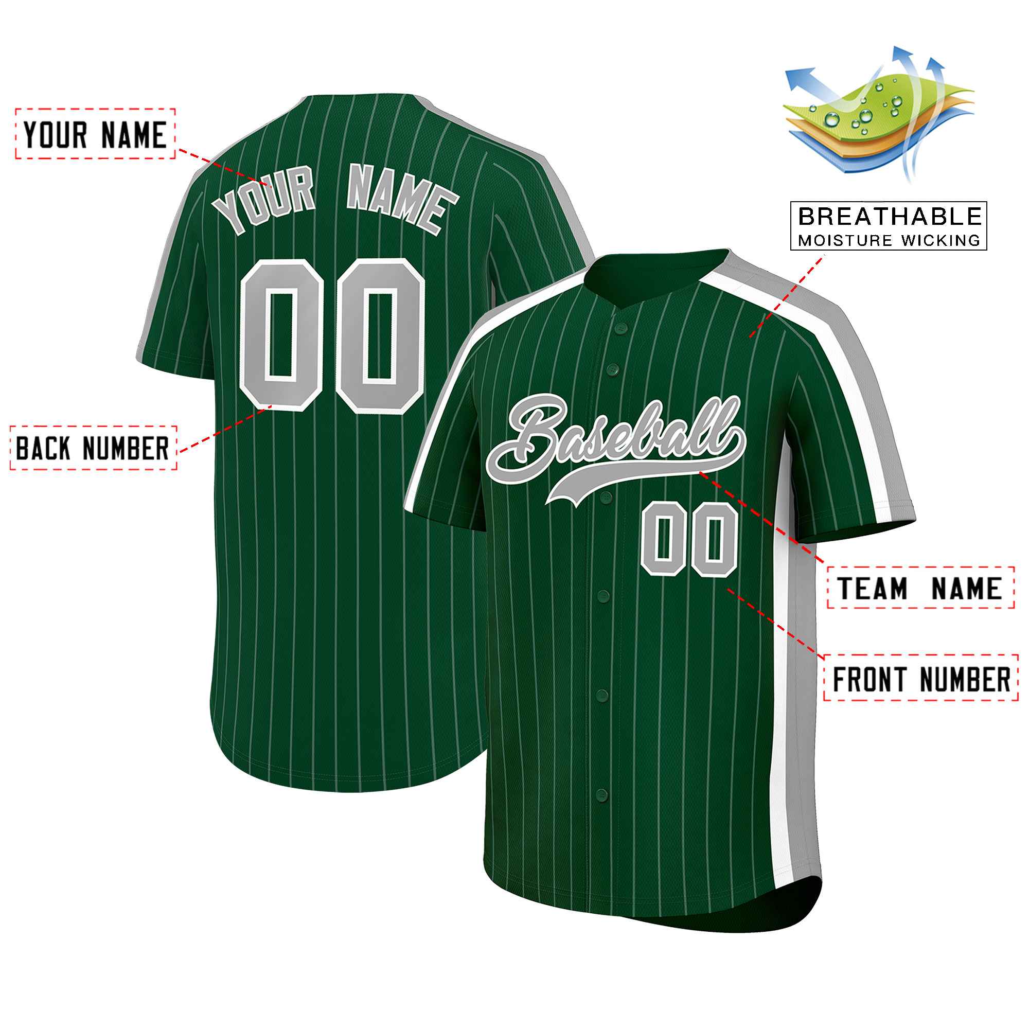 Custom Green Gray Pinstripe Personalized Side Two-tone Authentic Baseball Jersey