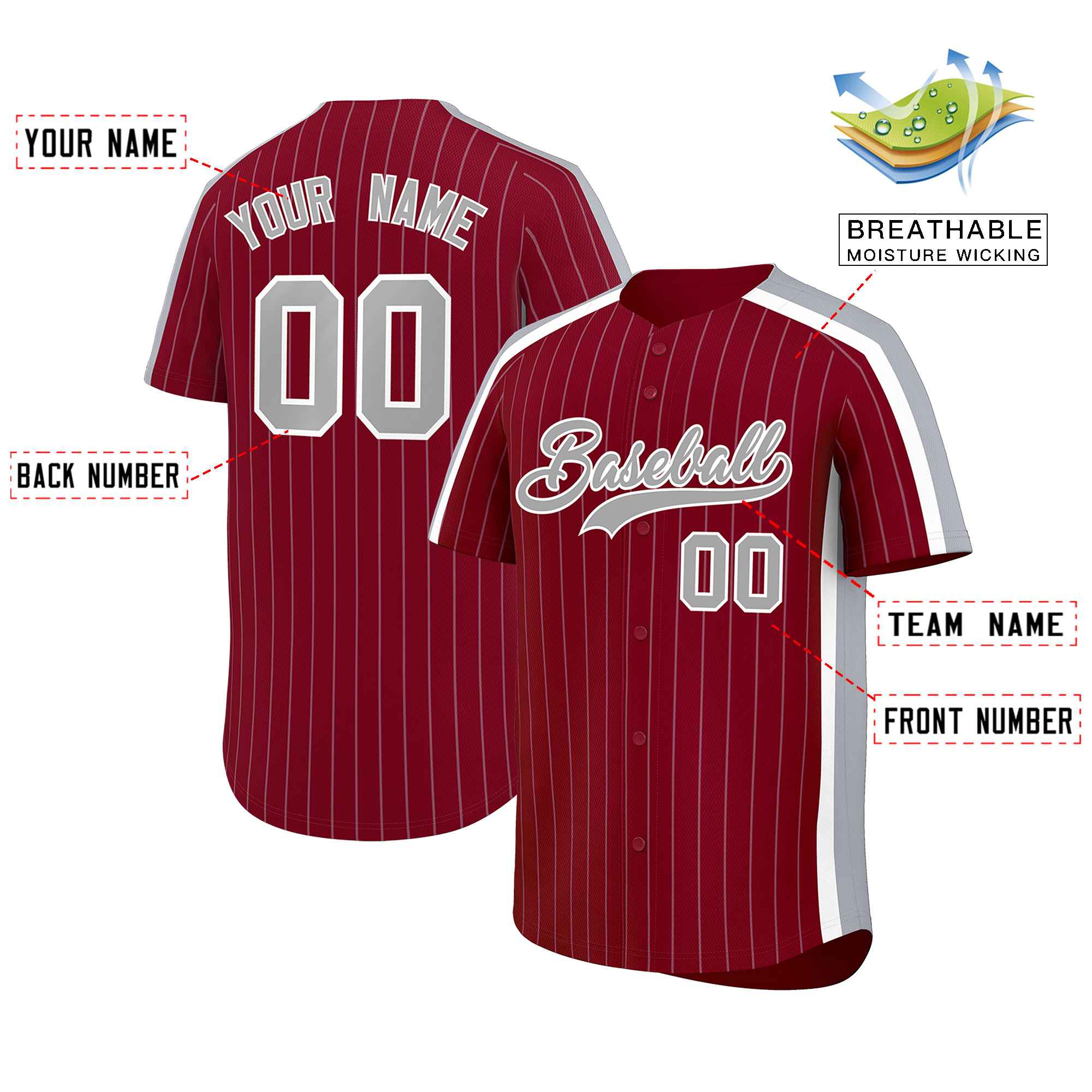 Custom Crimson Gray Pinstripe Personalized Side Two-tone Authentic Baseball Jersey