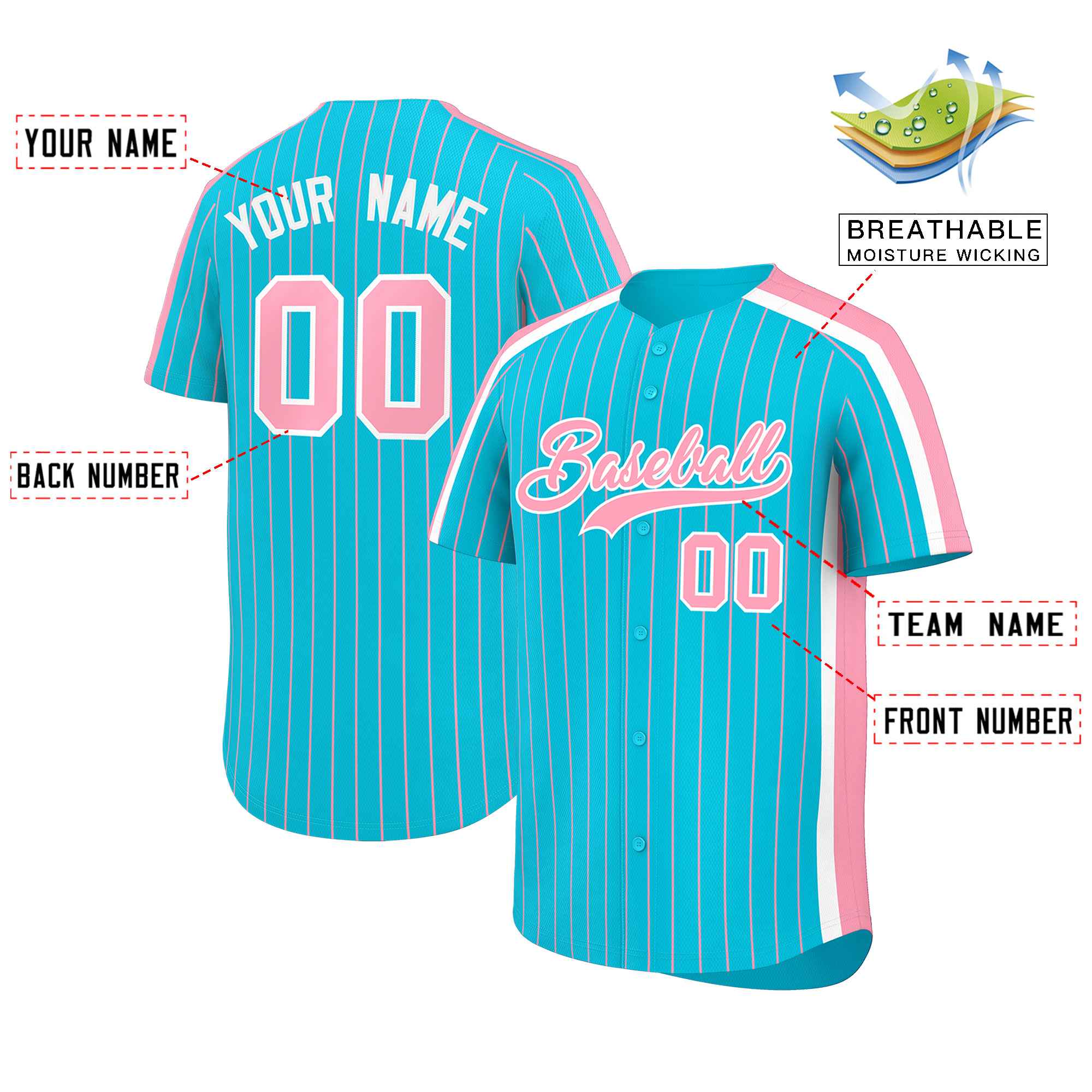 Custom Sky Blue Light Pink Pinstripe Personalized Side Two-tone Authentic Baseball Jersey