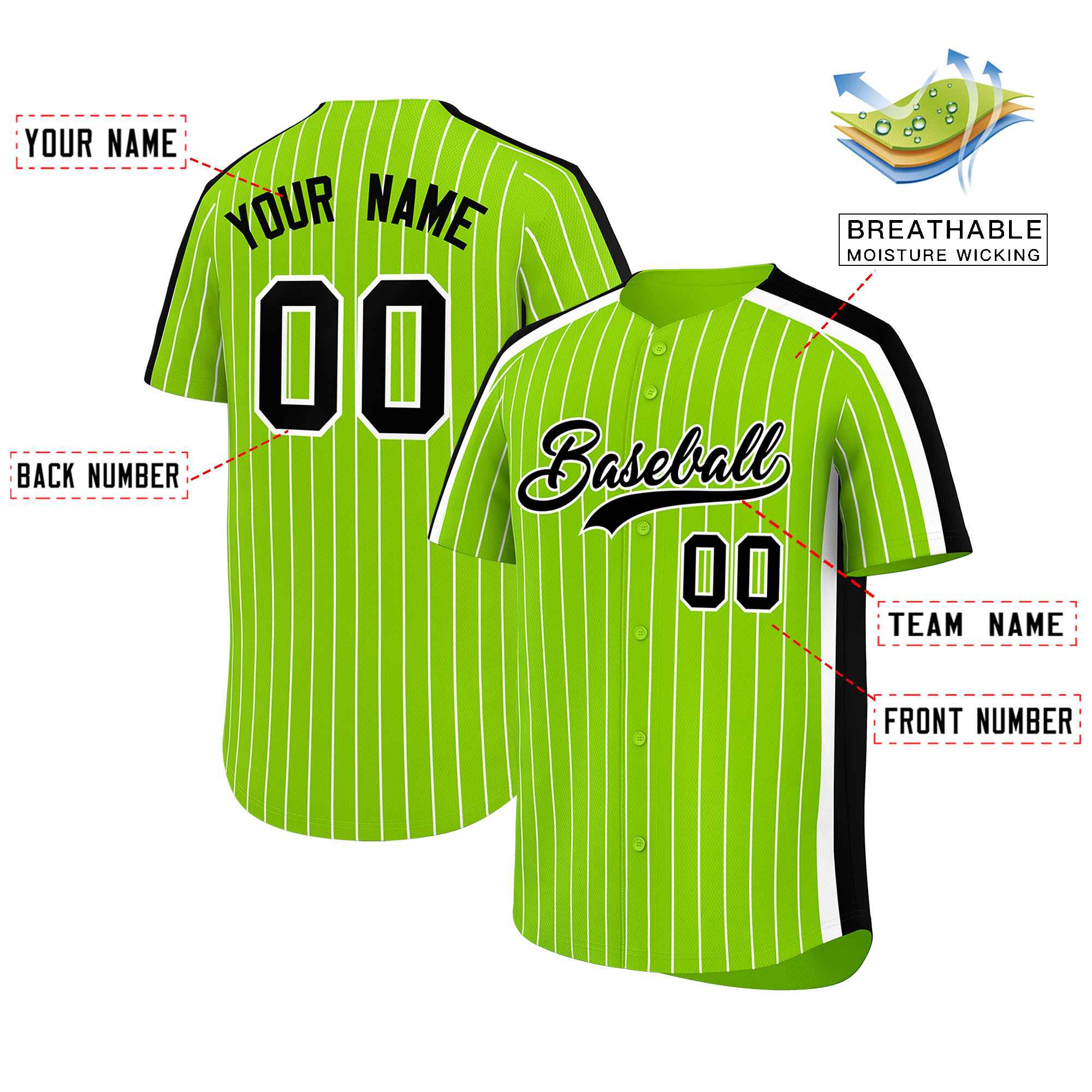 Custom Neon Green White Pinstripe Personalized Side Two-tone Authentic Baseball Jersey