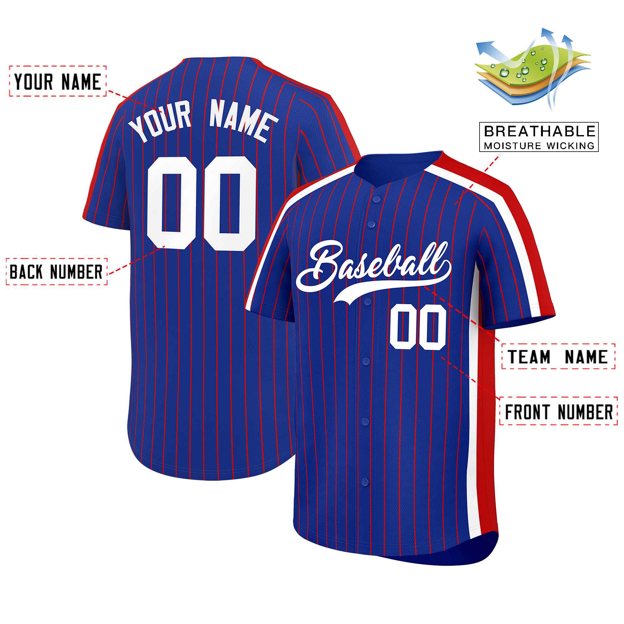 Custom Royal Red Pinstripe Personalized Side Two-tone Authentic Baseball Jersey