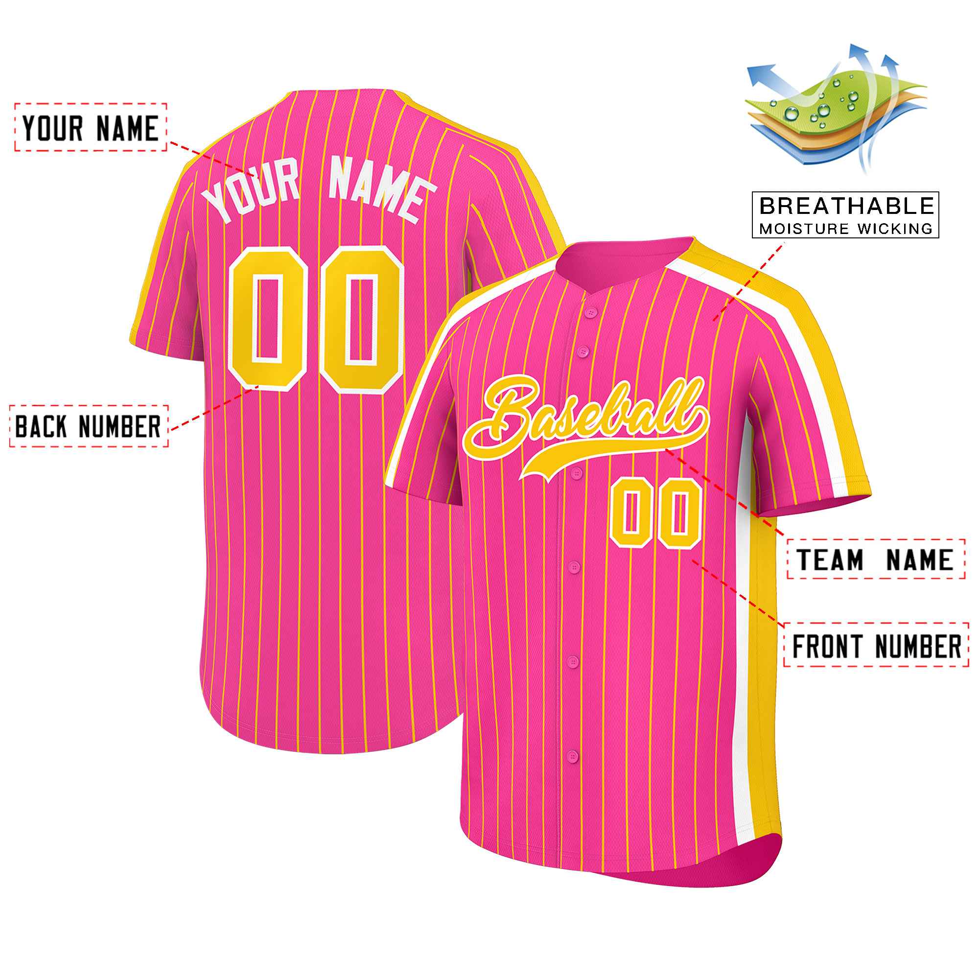 Custom Pink Gold Pinstripe Personalized Side Two-tone Authentic Baseball Jersey