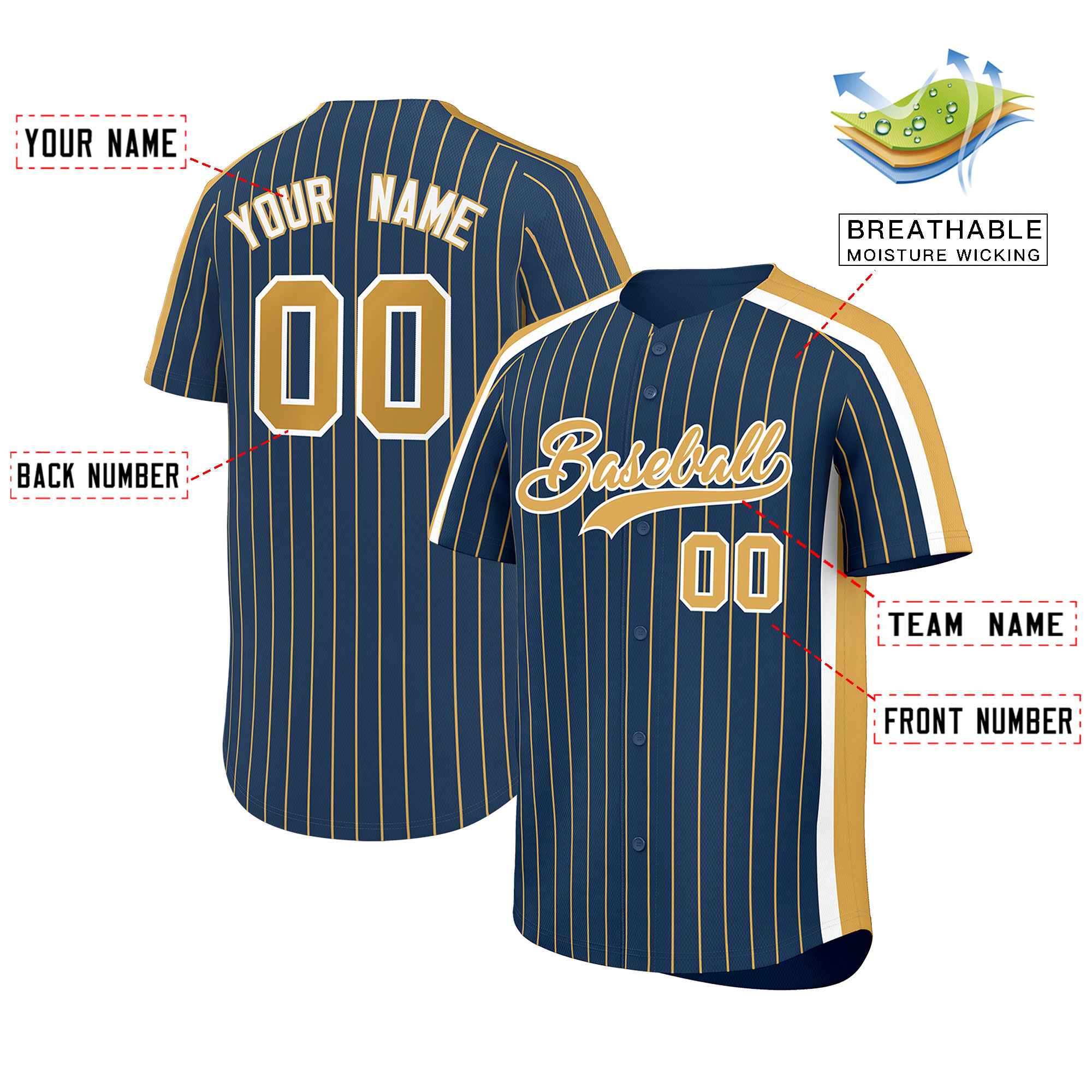 Custom Midnight Blue Old Gold Pinstripe Personalized Side Two-tone Authentic Baseball Jersey