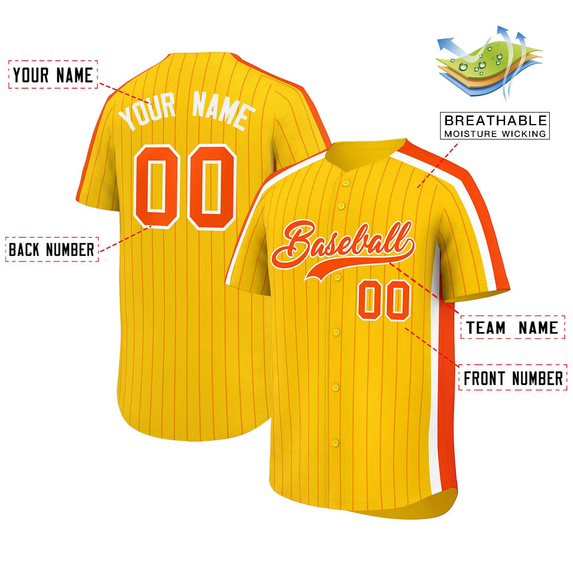 Custom Yellow Orange Pinstripe Personalized Side Two-tone Authentic Baseball Jersey