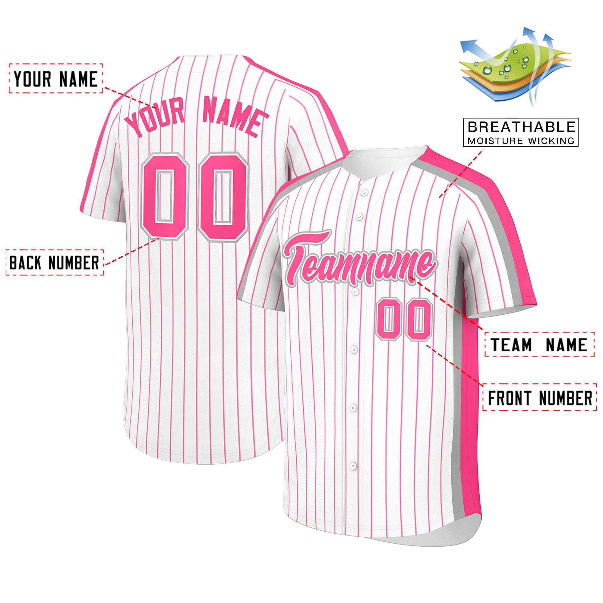 Custom White Pink Pinstripe Personalized Side Two-tone Authentic Baseball Jersey