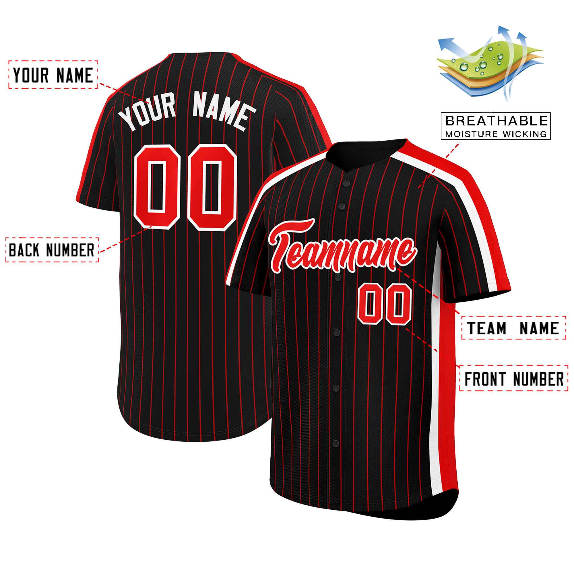 Custom Black Red Pinstripe Personalized Side Two-tone Authentic Baseball Jersey