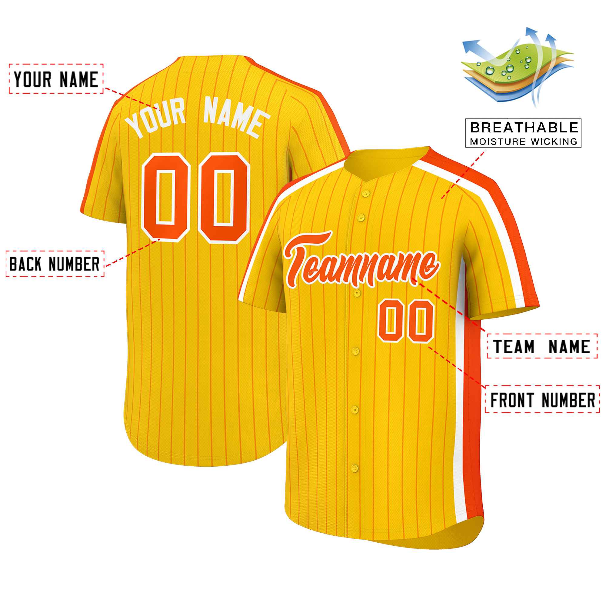 Custom Yellow Orange Pinstripe Personalized Side Two-tone Authentic Baseball Jersey