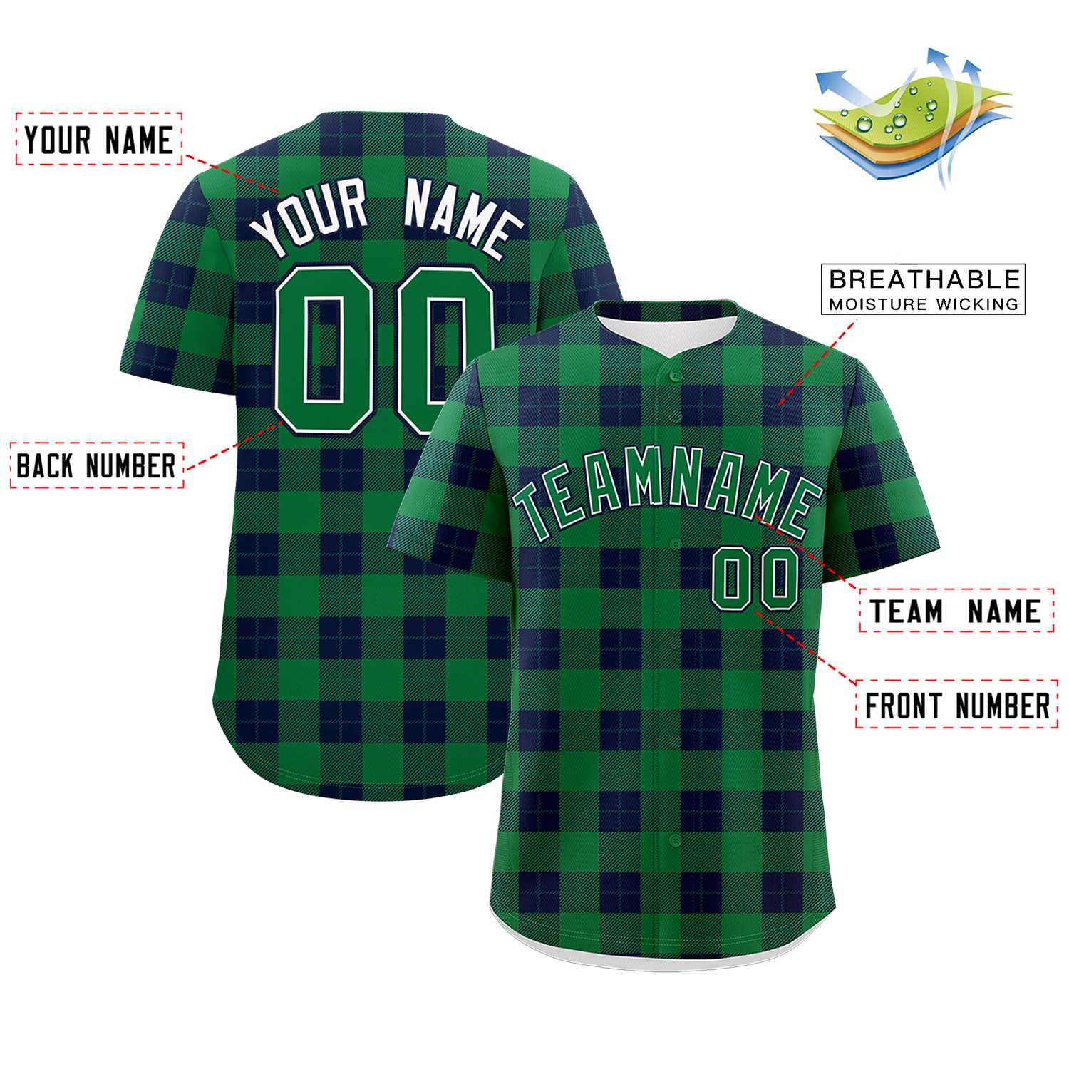 Custom Green Navy Personalized Plaid Design Authentic Baseball Jersey