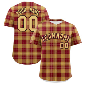 Custom Khaki Red Personalized Plaid Design Authentic Baseball Jersey