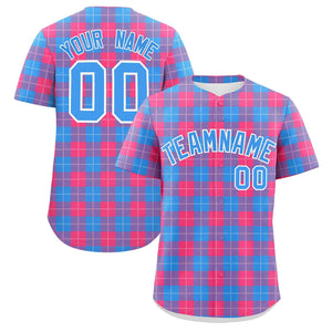 Custom Powder Blue Pink Personalized Plaid Design Authentic Baseball Jersey