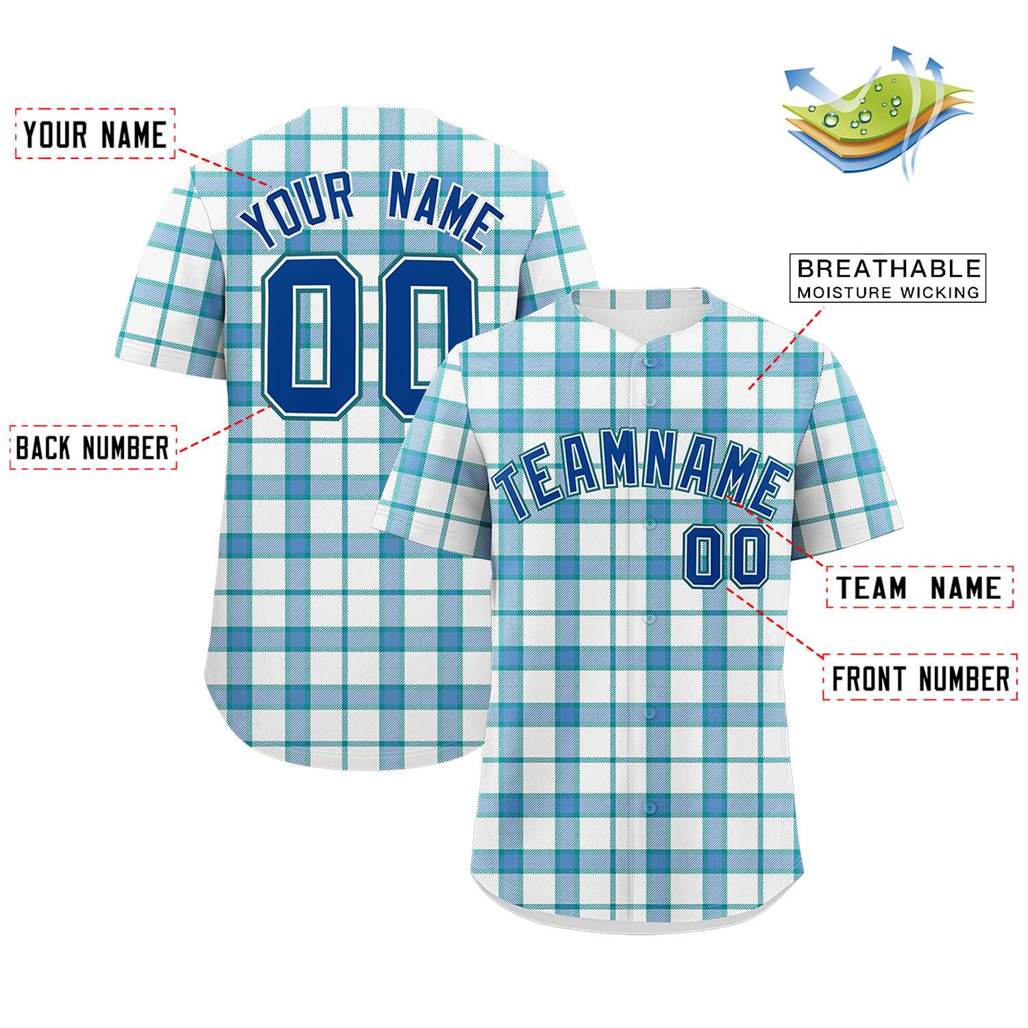 Custom White Aqua Personalized Plaid Design Authentic Baseball Jersey