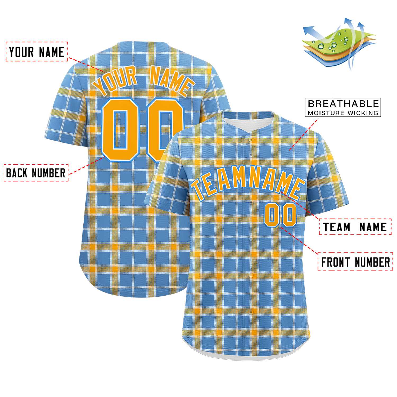 Custom Light Blue Yellow Personalized Plaid Design Authentic Baseball Jersey