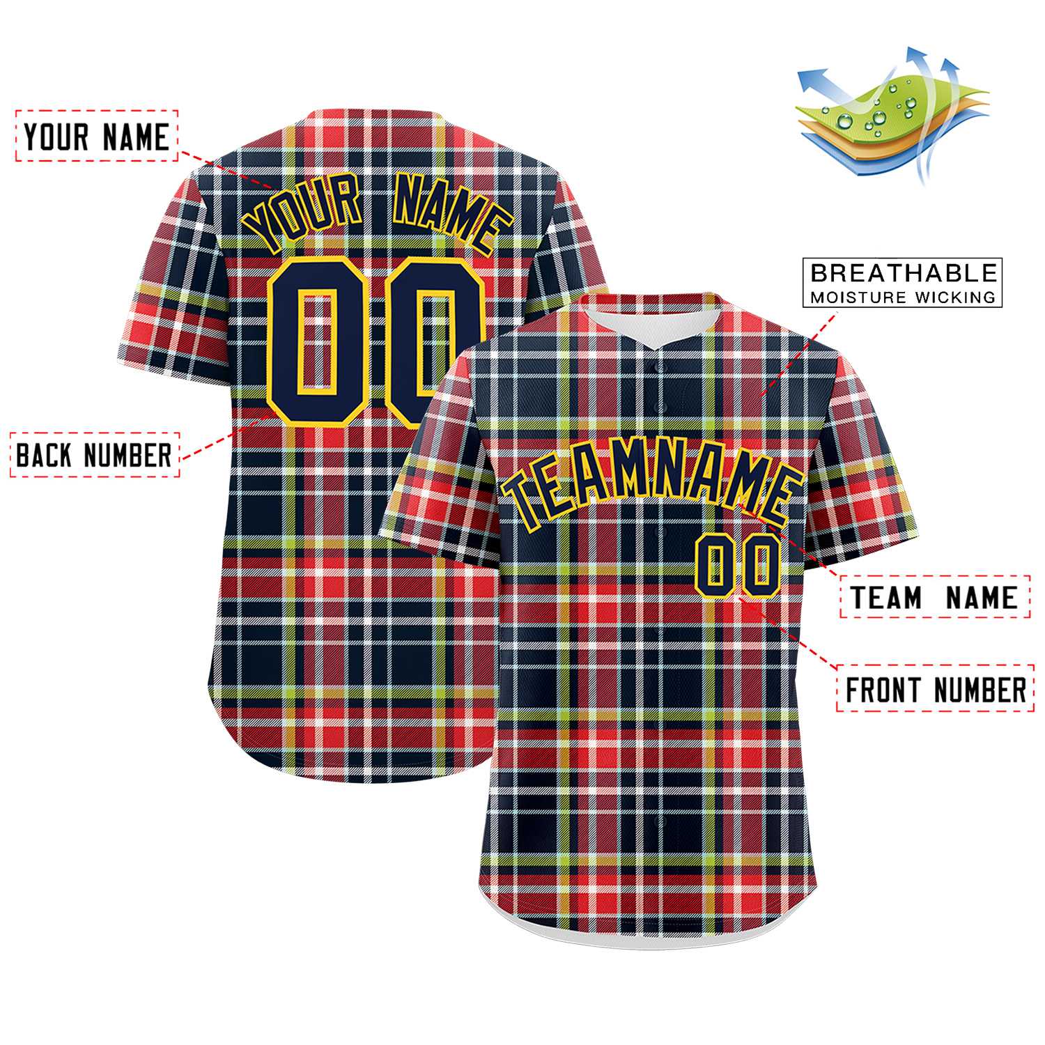 Custom Multi Color Personalized Plaid Design Authentic Baseball Jersey