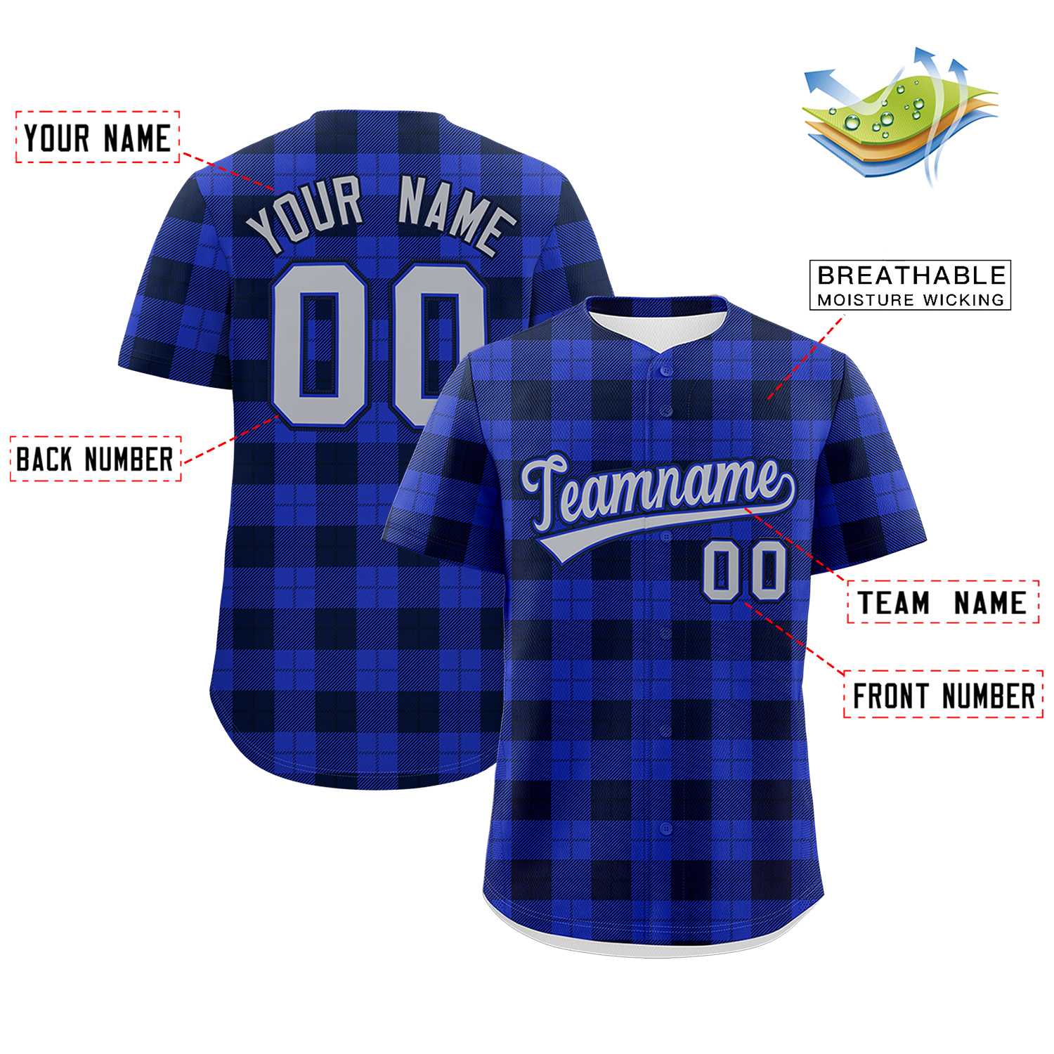 Custom Royal Navy Personalized Plaid Design Authentic Baseball Jersey