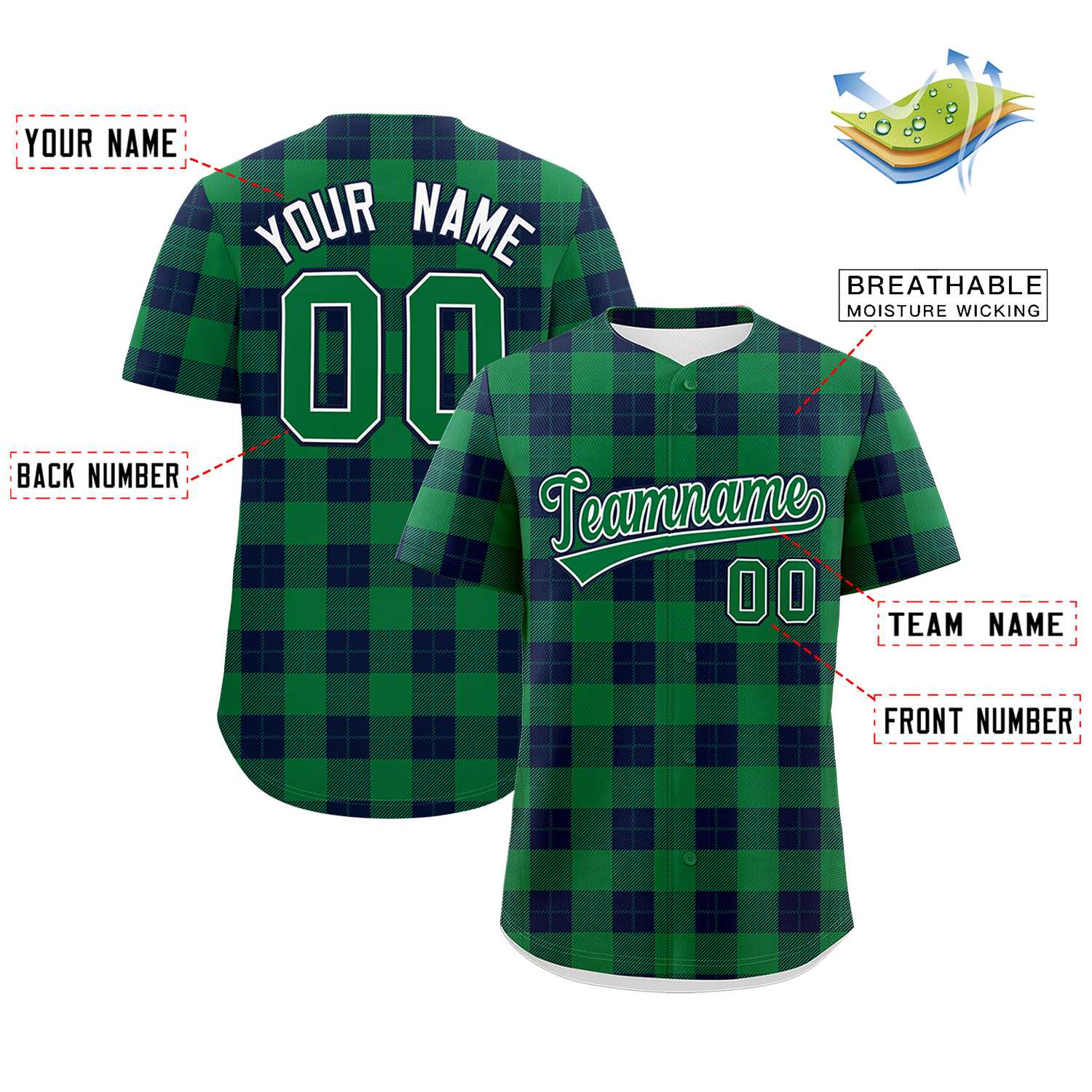 Custom Green Navy Personalized Plaid Design Authentic Baseball Jersey