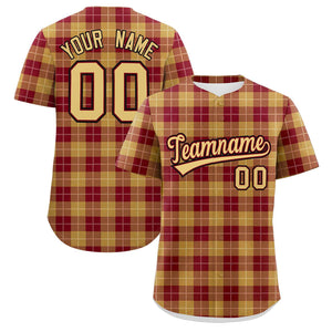 Custom Khaki Red Personalized Plaid Design Authentic Baseball Jersey