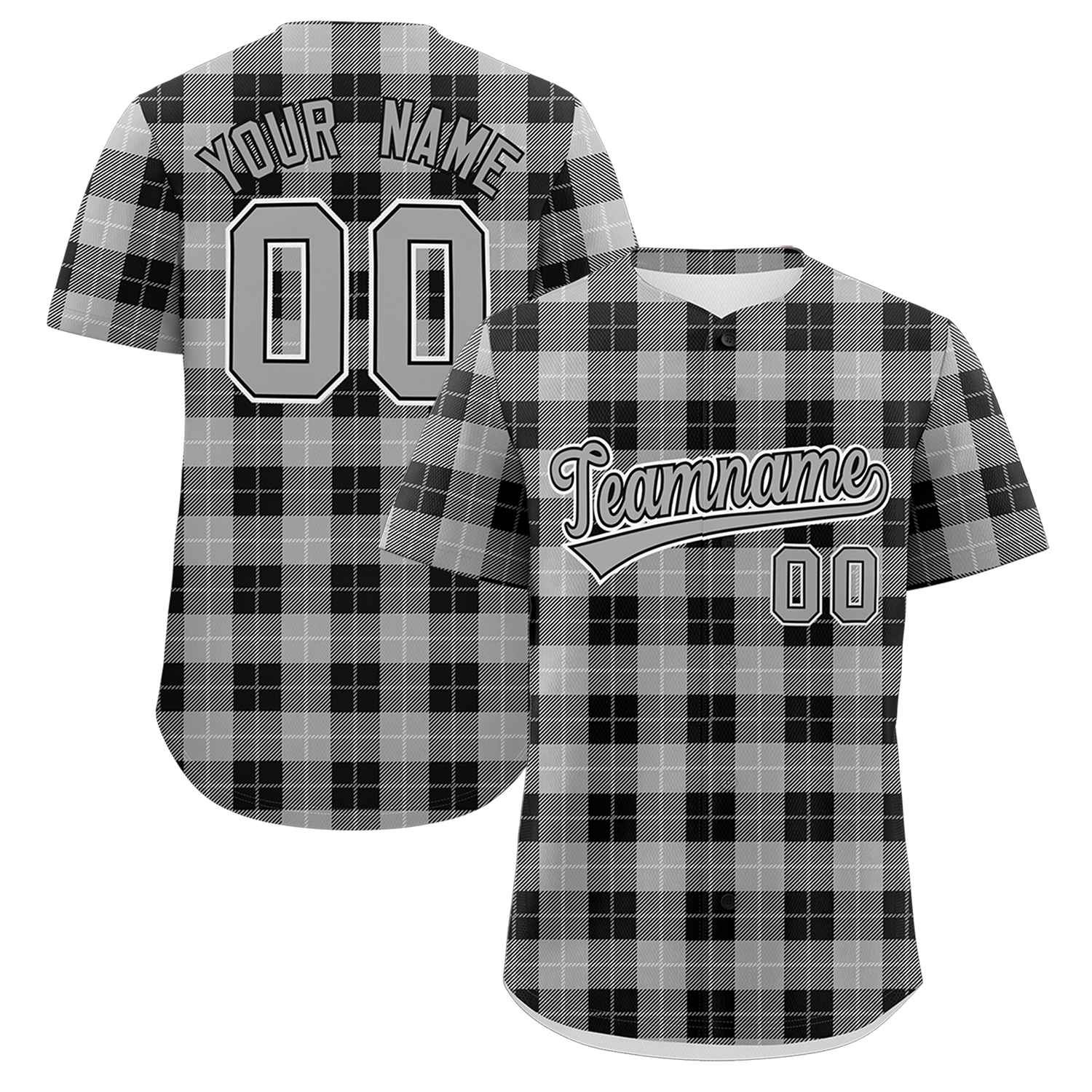 Custom Gray Black Personalized Plaid Design Authentic Baseball Jersey