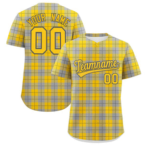 Custom Gold Gray Personalized Plaid Design Authentic Baseball Jersey