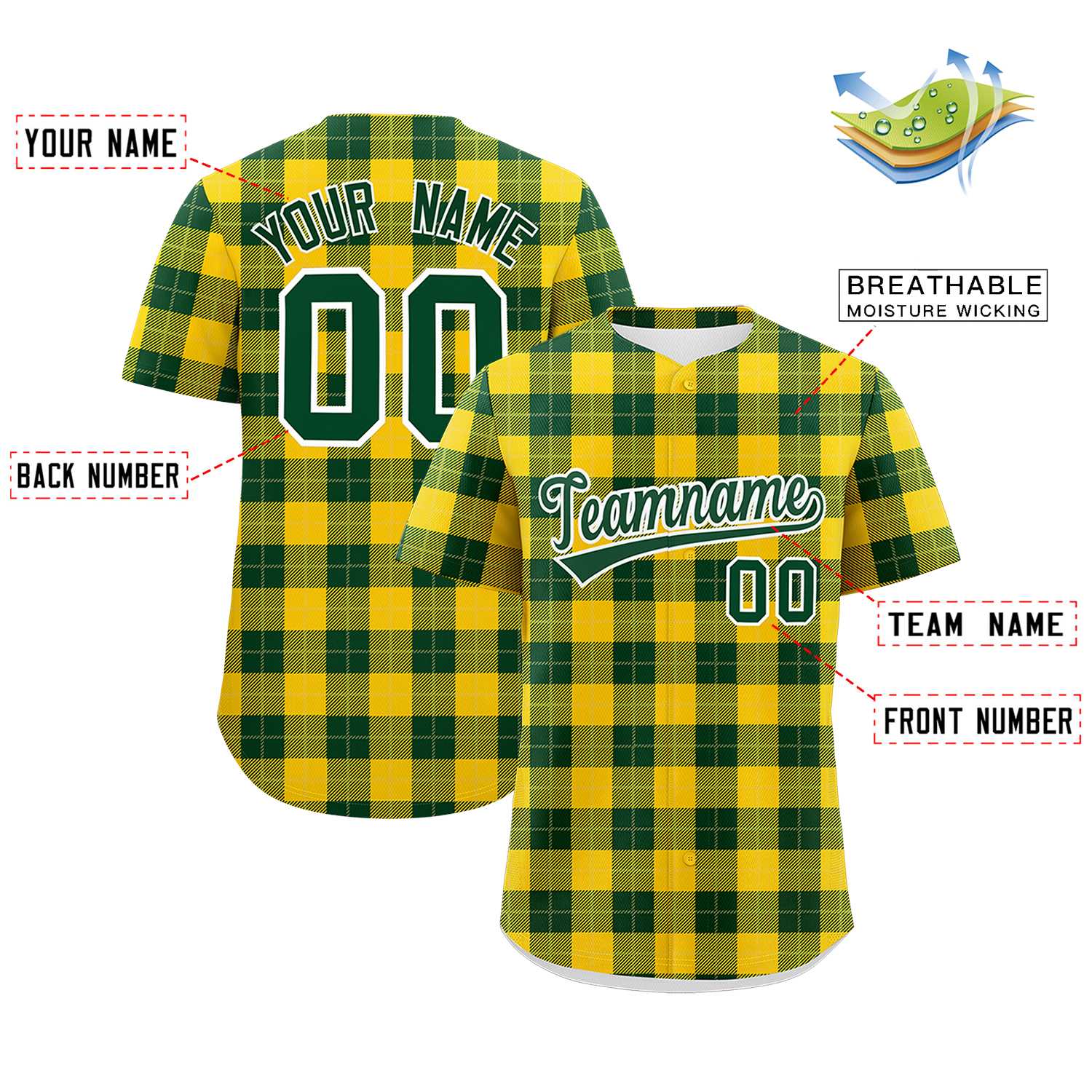 Custom Green Gold Personalized Plaid Design Authentic Baseball Jersey