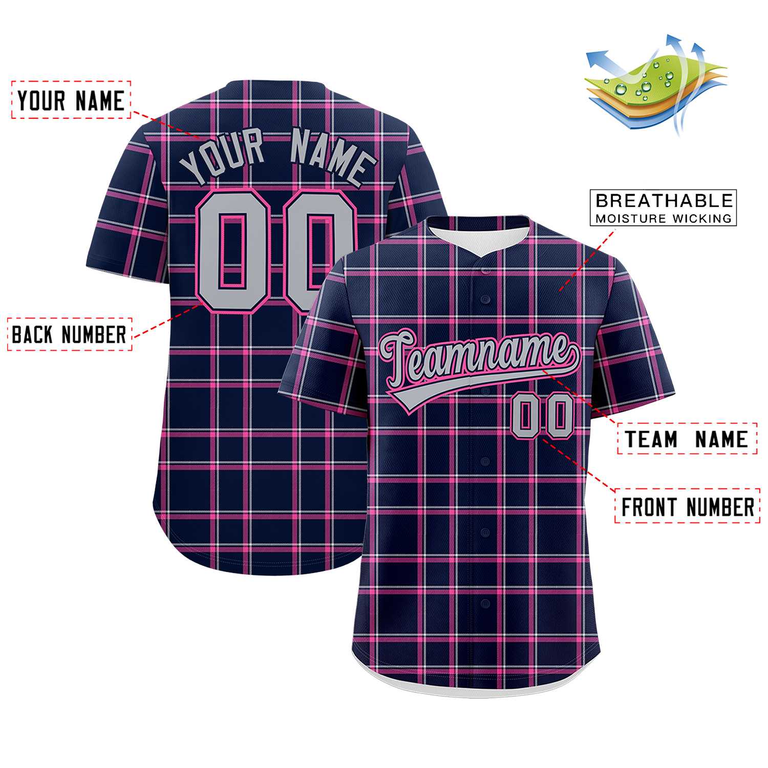 Custom Navy Personalized Plaid Design Authentic Baseball Jersey