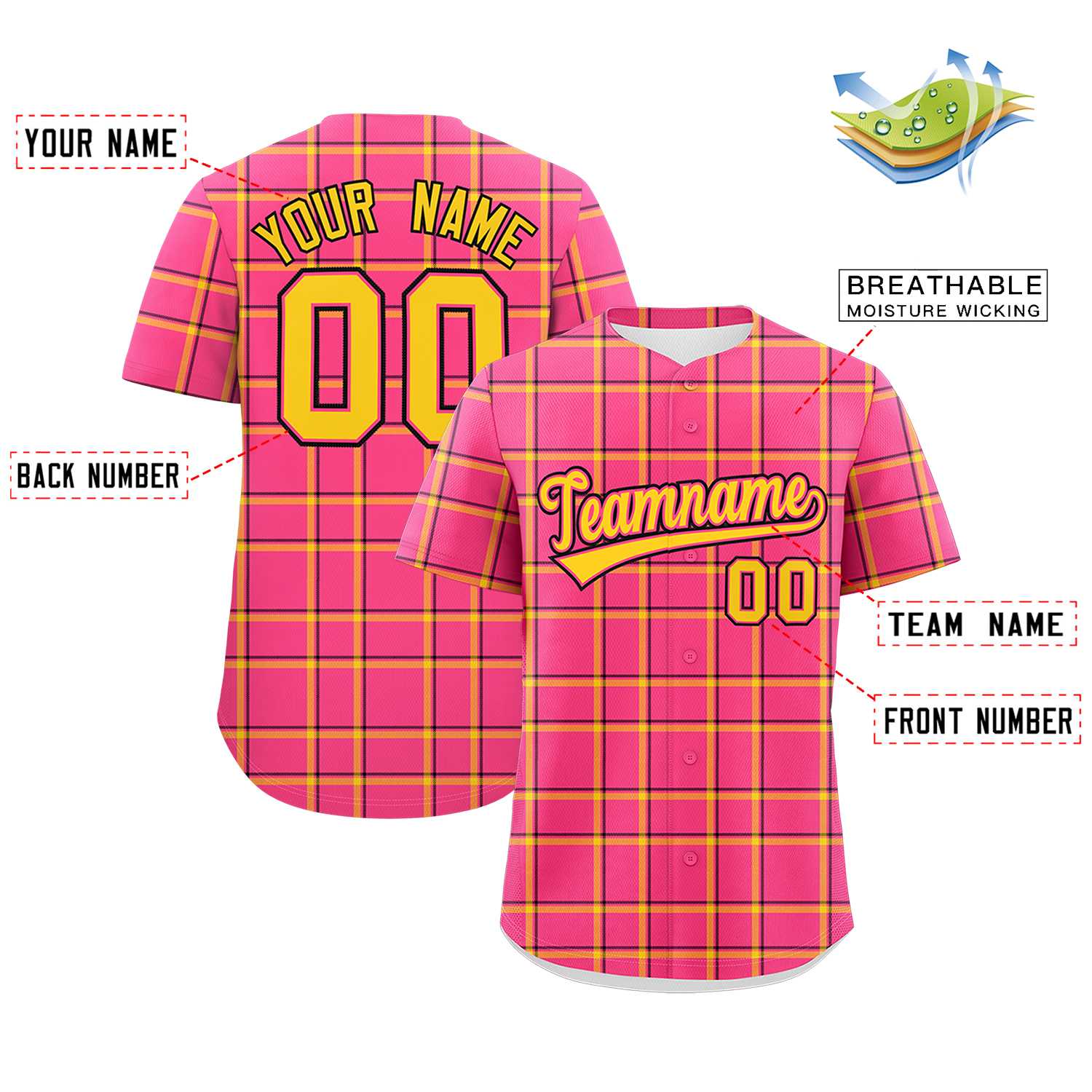 Custom Pink Personalized Plaid Design Authentic Baseball Jersey