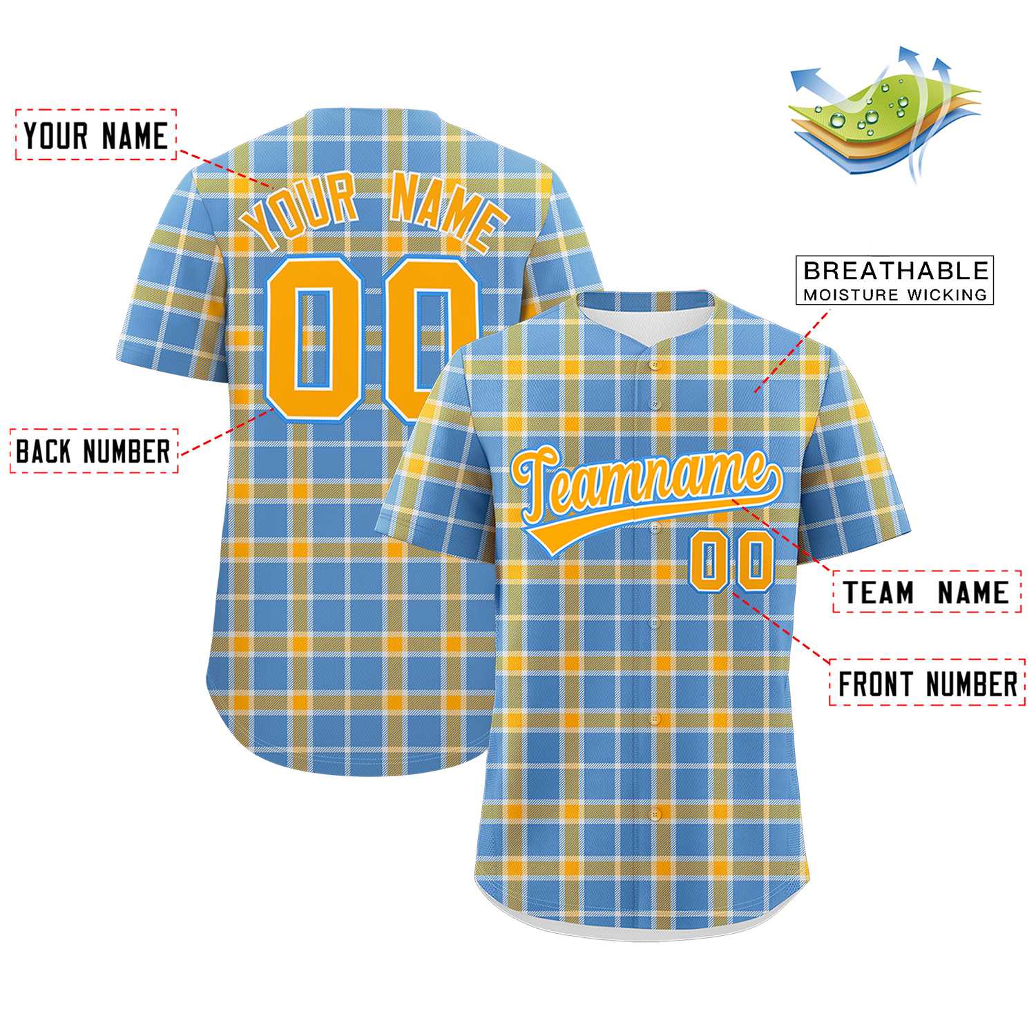 Custom Light Blue Yellow Personalized Plaid Design Authentic Baseball Jersey