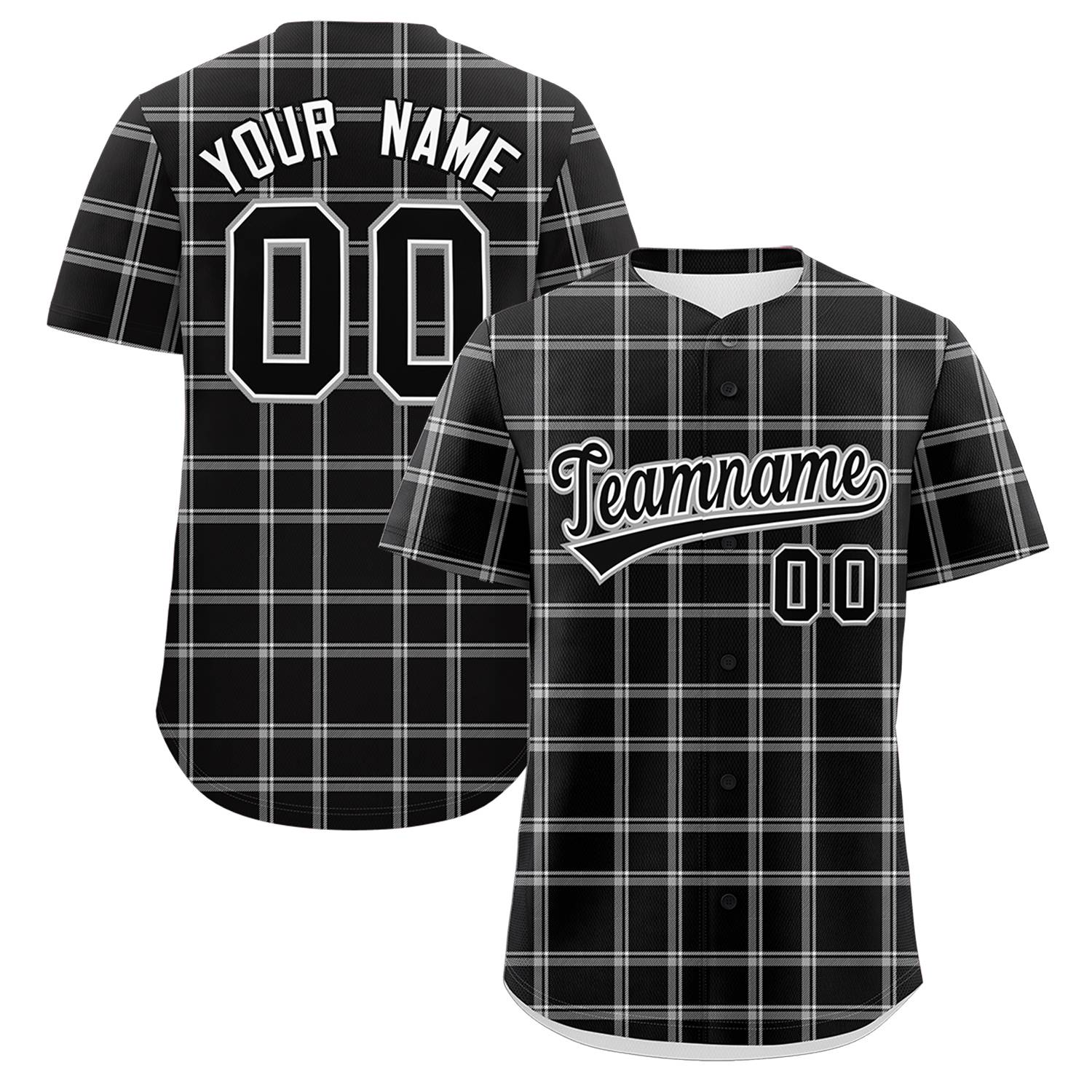 Custom Black Gray Personalized Plaid Design Authentic Baseball Jersey