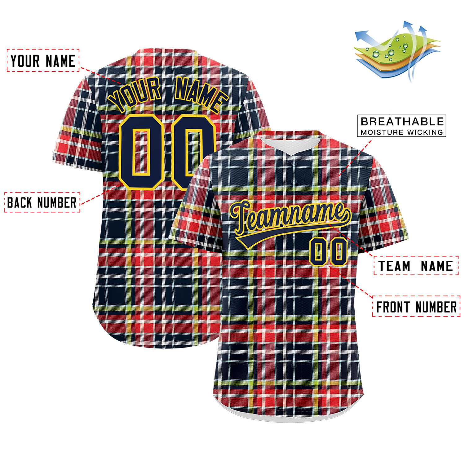 Custom Multi Color Personalized Plaid Design Authentic Baseball Jersey