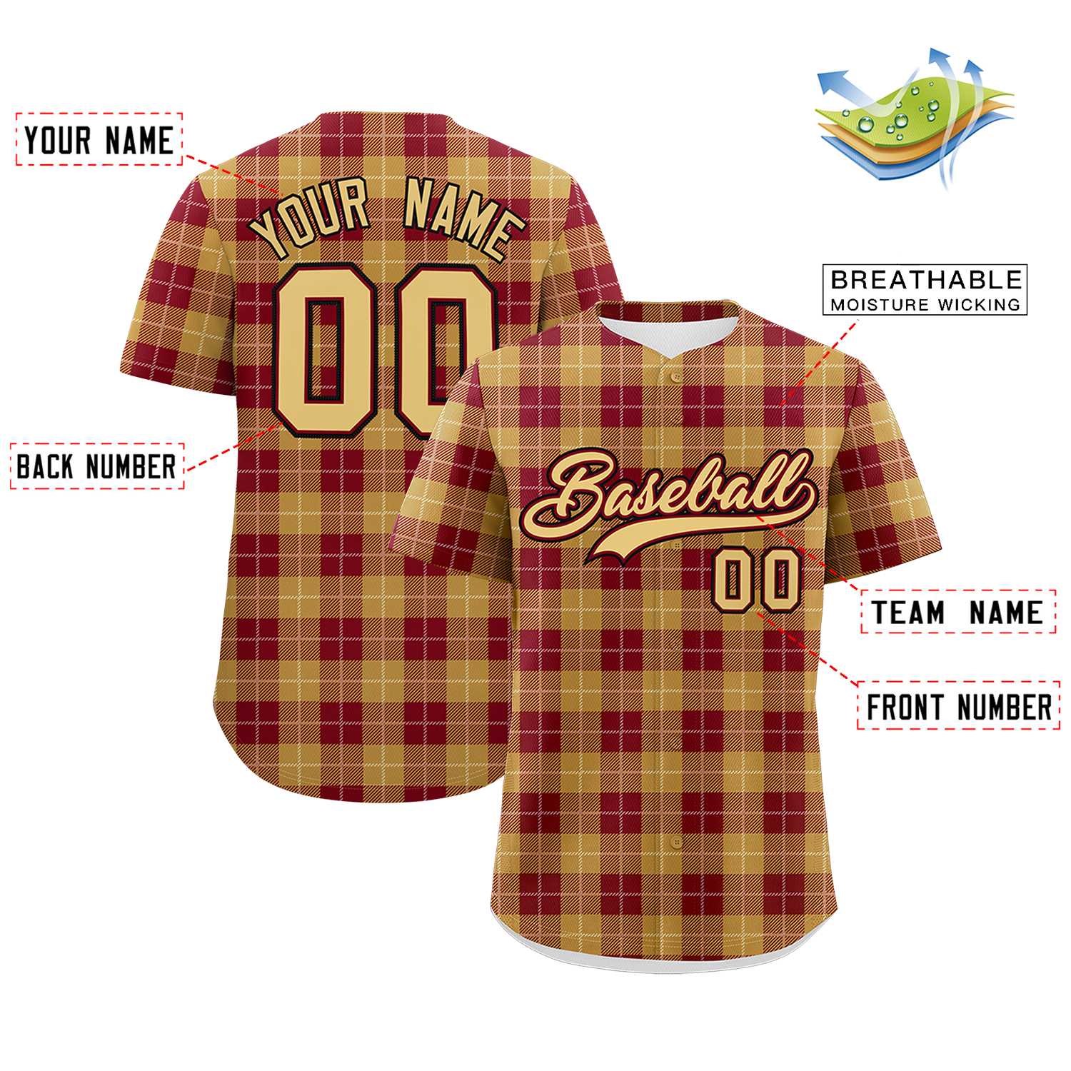 Custom Khaki Red Personalized Plaid Design Authentic Baseball Jersey