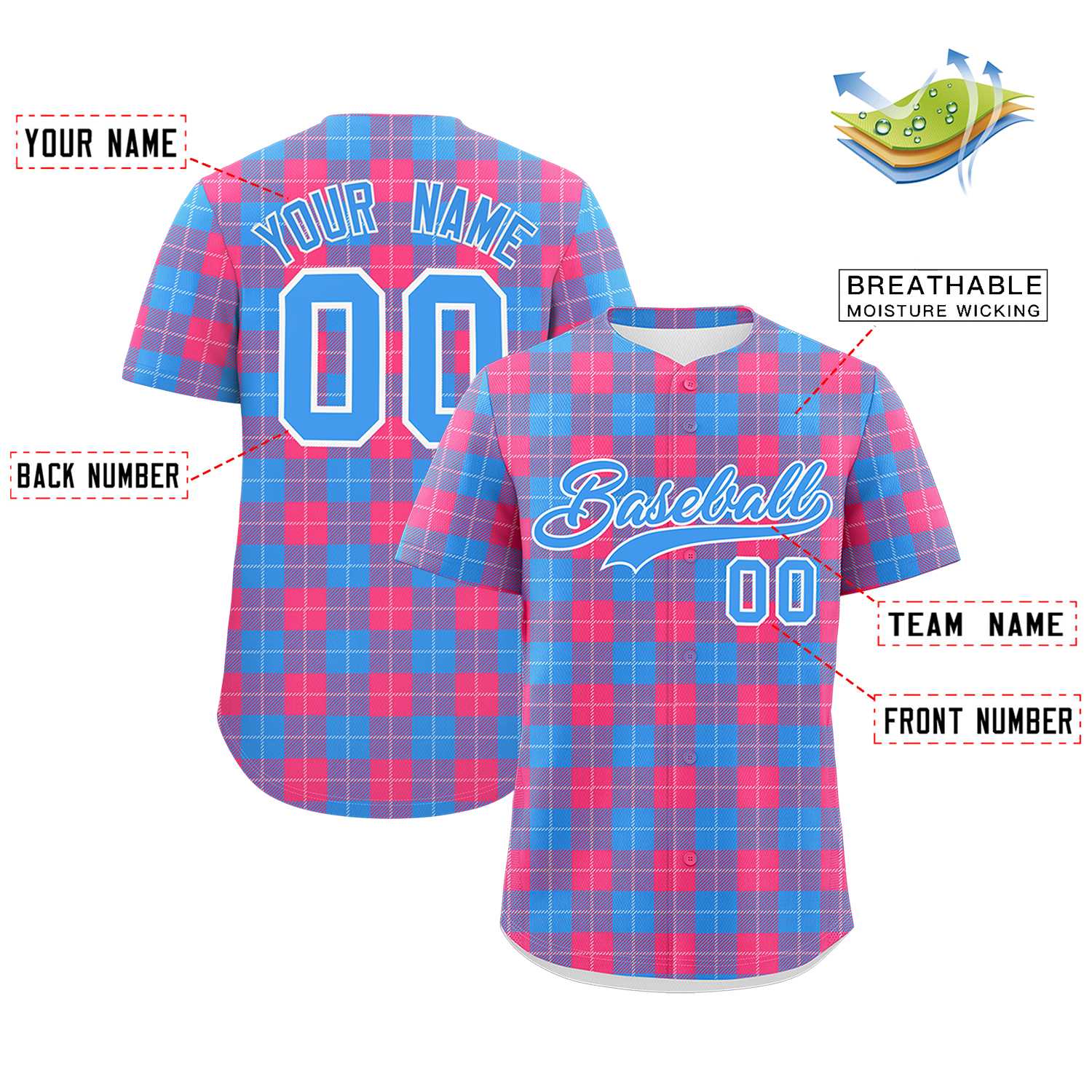 Custom Powder Blue Pink Personalized Plaid Design Authentic Baseball Jersey