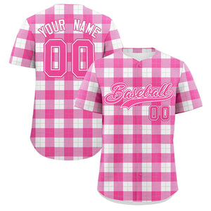 Custom Pink White Personalized Plaid Design Authentic Baseball Jersey