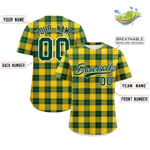 Custom Green Gold Personalized Plaid Design Authentic Baseball Jersey