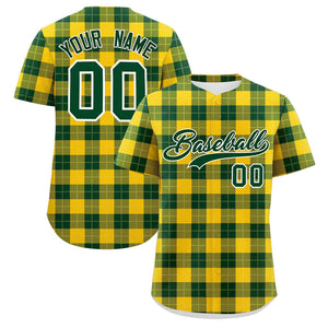 Custom Green Gold Personalized Plaid Design Authentic Baseball Jersey