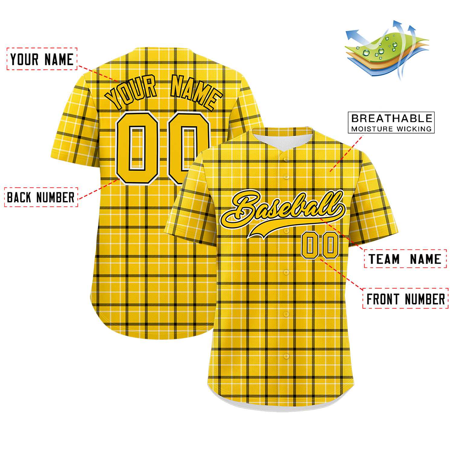 Custom Yellow Personalized Plaid Design Authentic Baseball Jersey