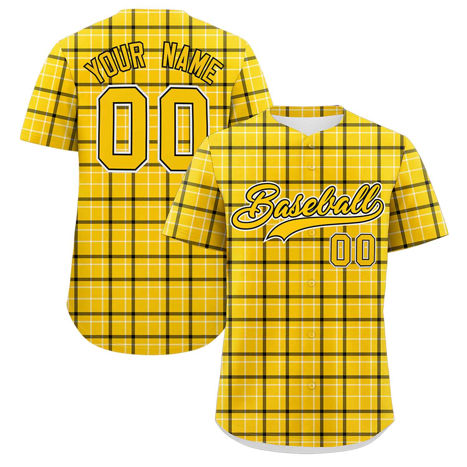 Custom Yellow Personalized Plaid Design Authentic Baseball Jersey