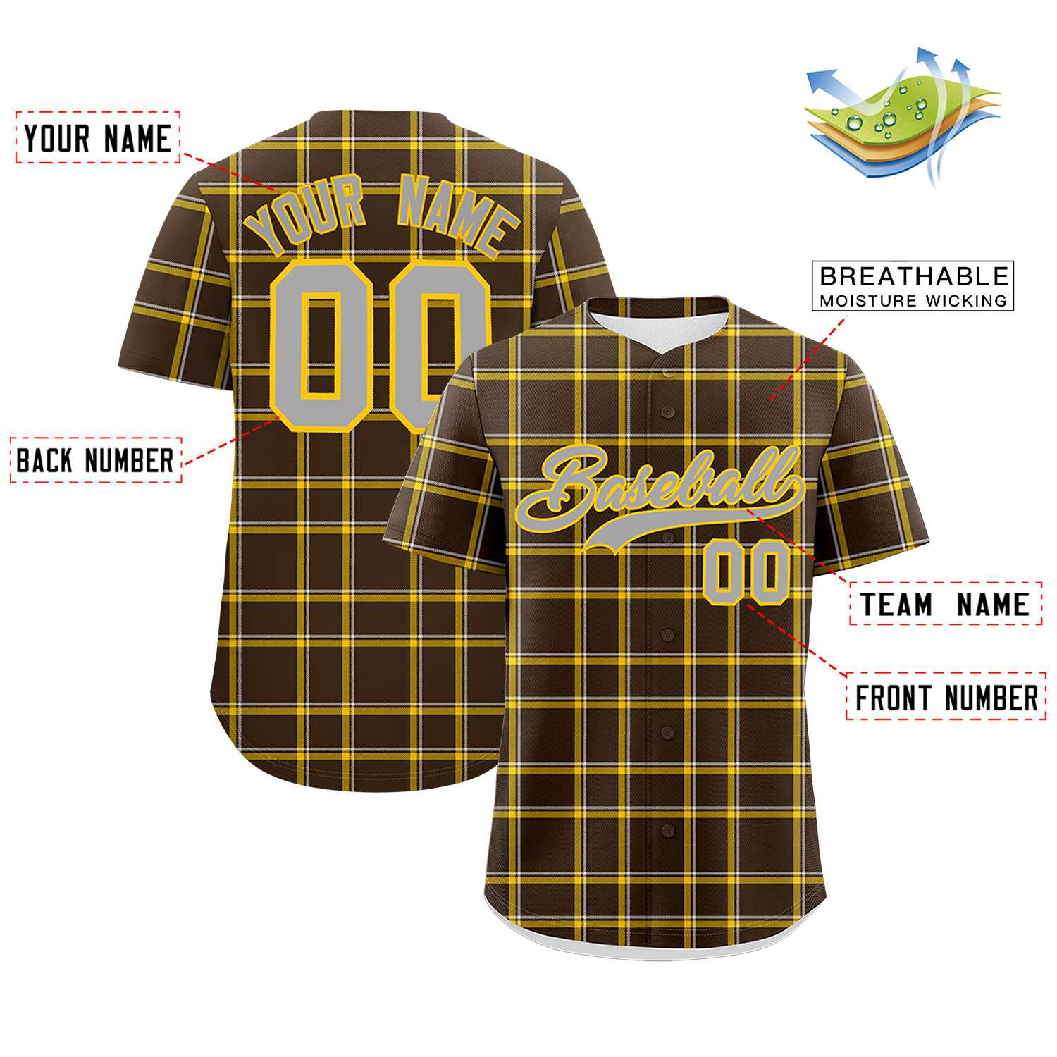 Custom Brown Personalized Plaid Design Authentic Baseball Jersey