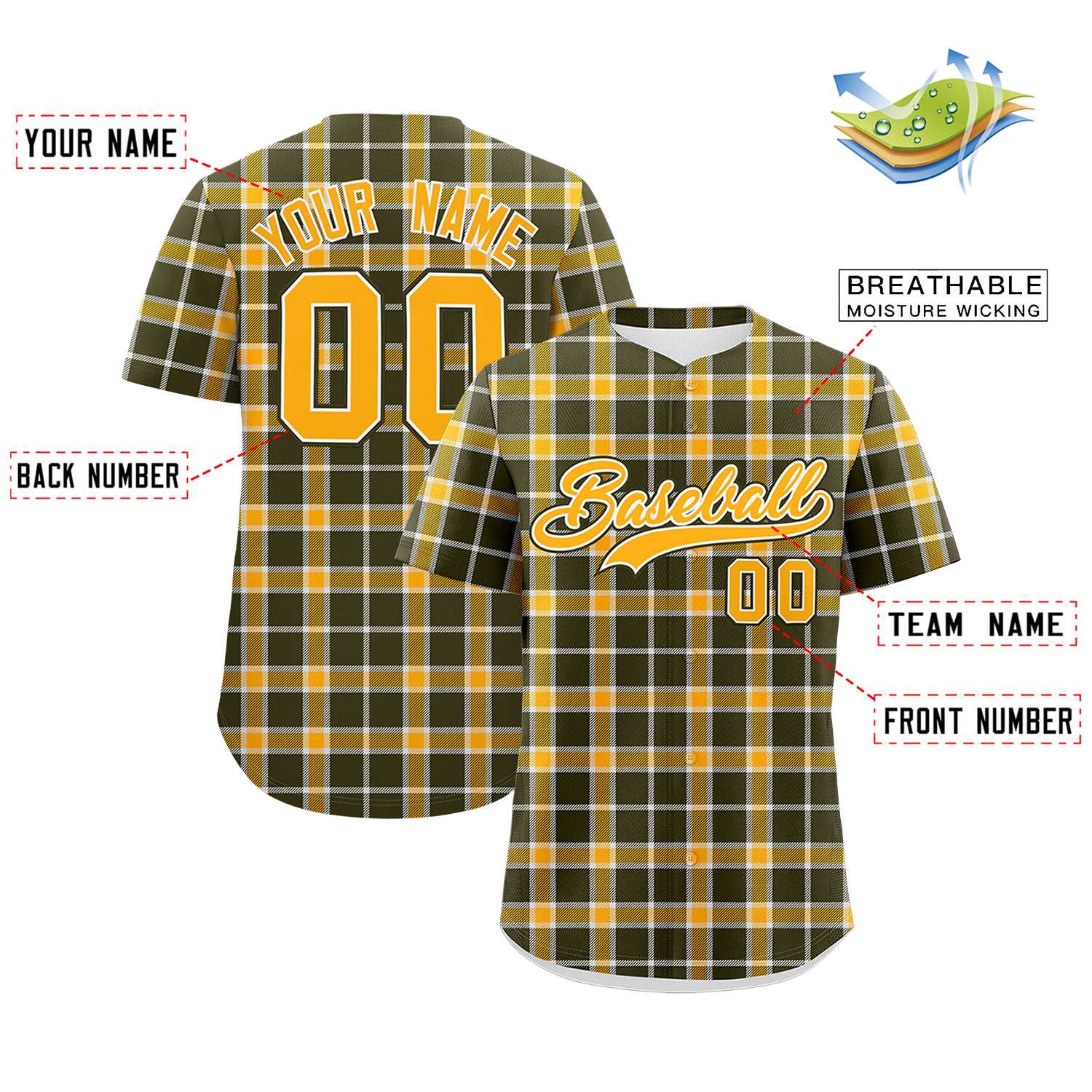 Custom Yellow Olive Personalized Plaid Design Authentic Baseball Jersey