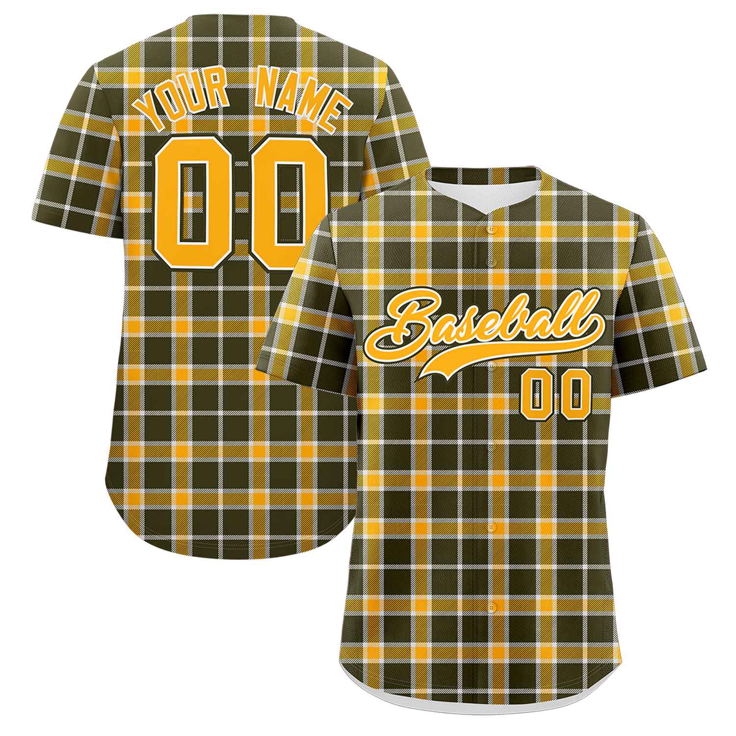 Custom Yellow Olive Personalized Plaid Design Authentic Baseball Jersey