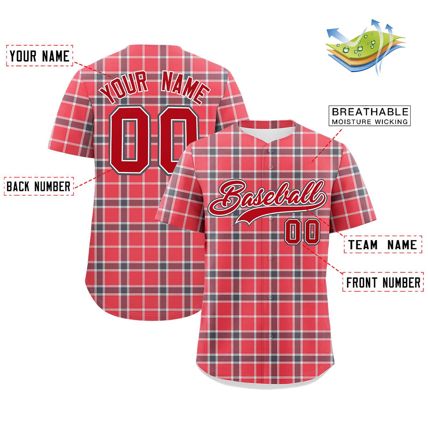 Custom Red Personalized Plaid Design Authentic Baseball Jersey