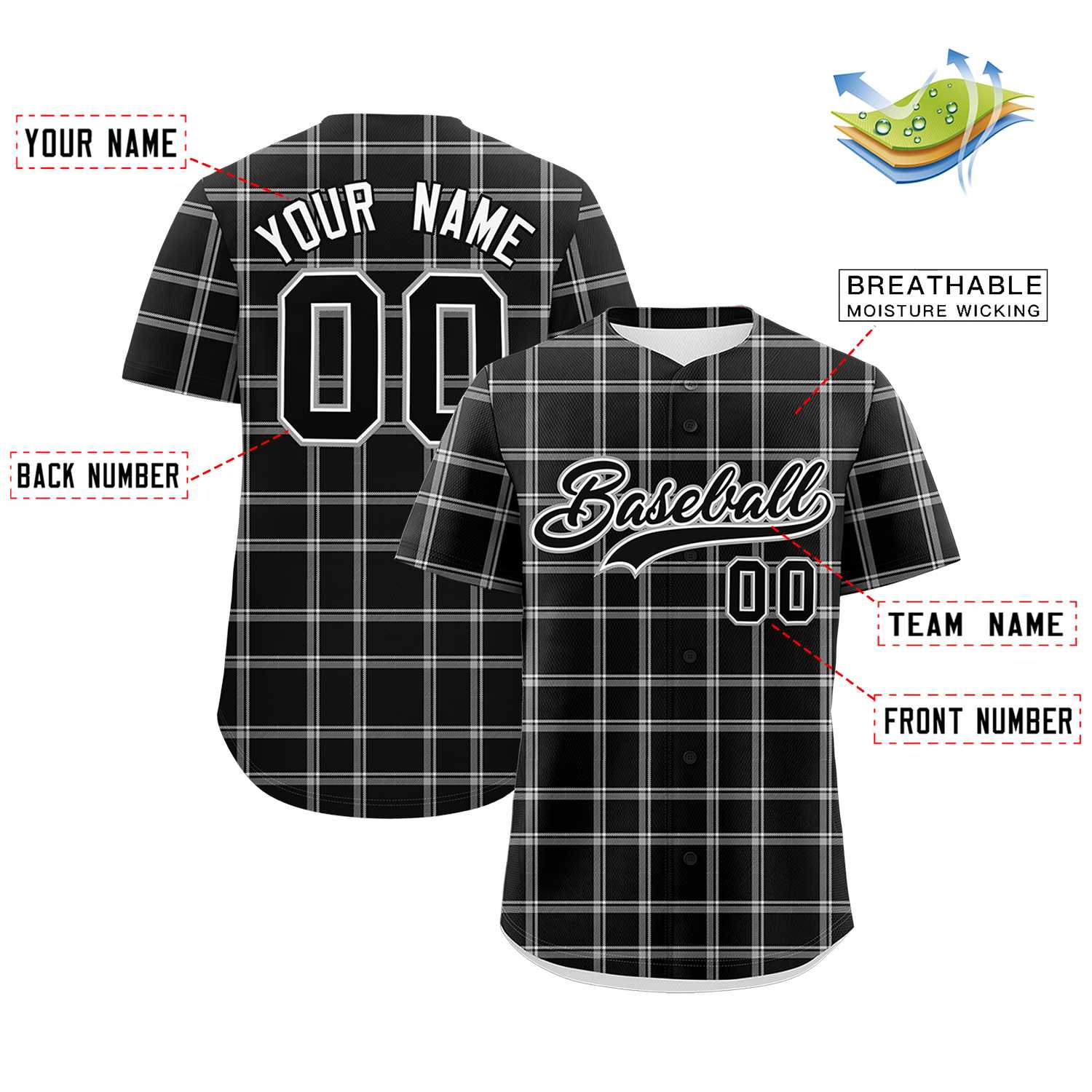 Custom Black Gray Personalized Plaid Design Authentic Baseball Jersey