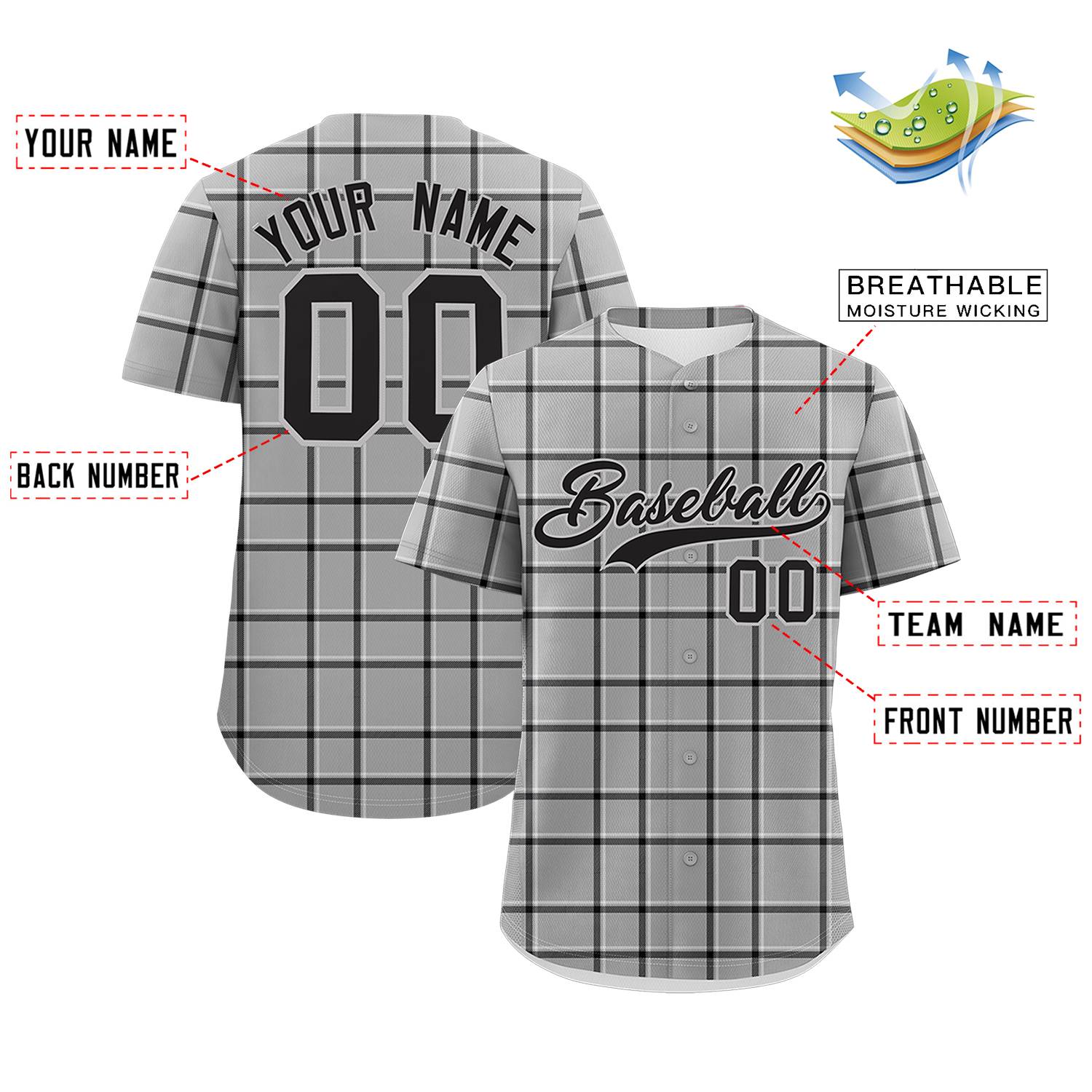 Custom Gray Black Personalized Plaid Design Authentic Baseball Jersey