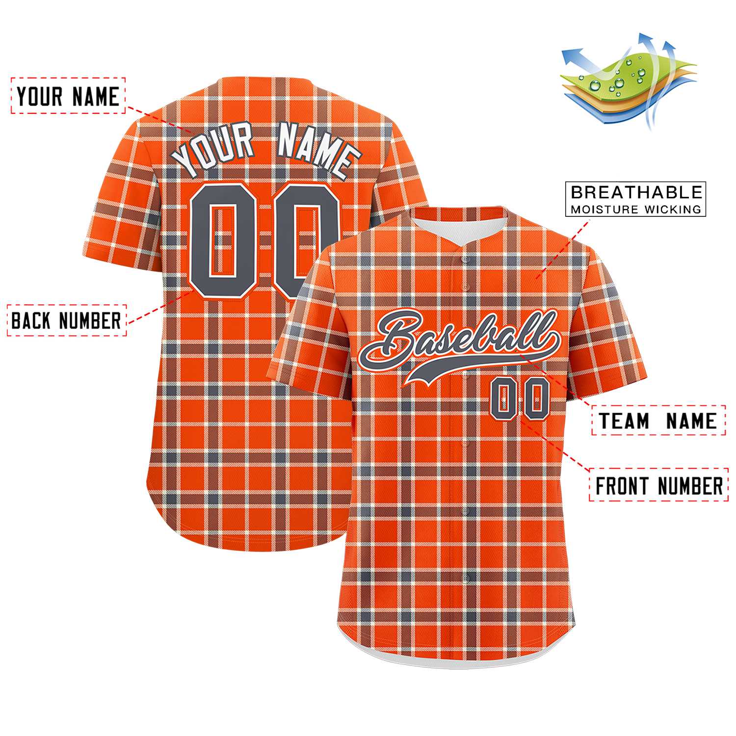 Custom Orange Personalized Plaid Design Authentic Baseball Jersey