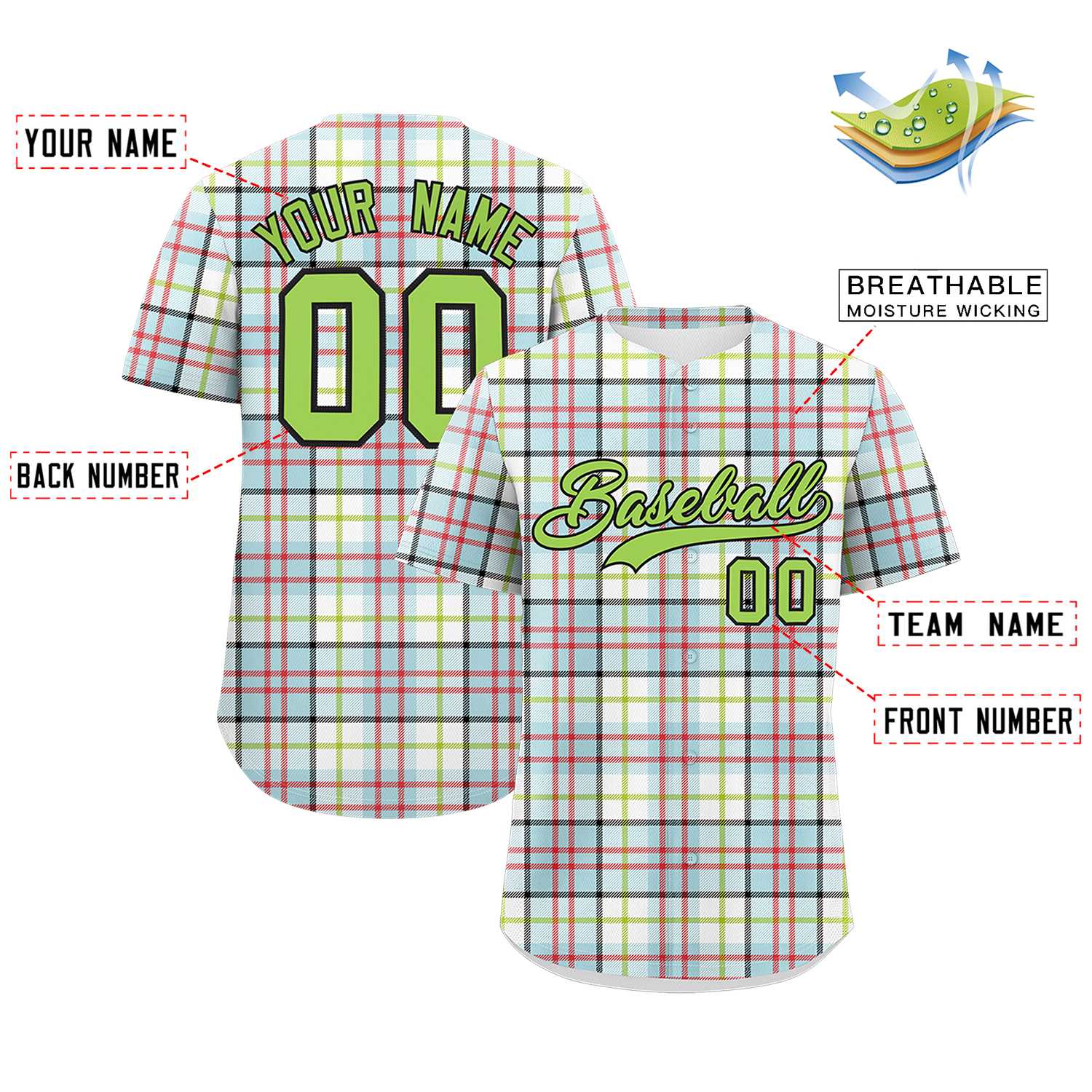 Custom Multi Color Personalized Plaid Design Authentic Baseball Jersey