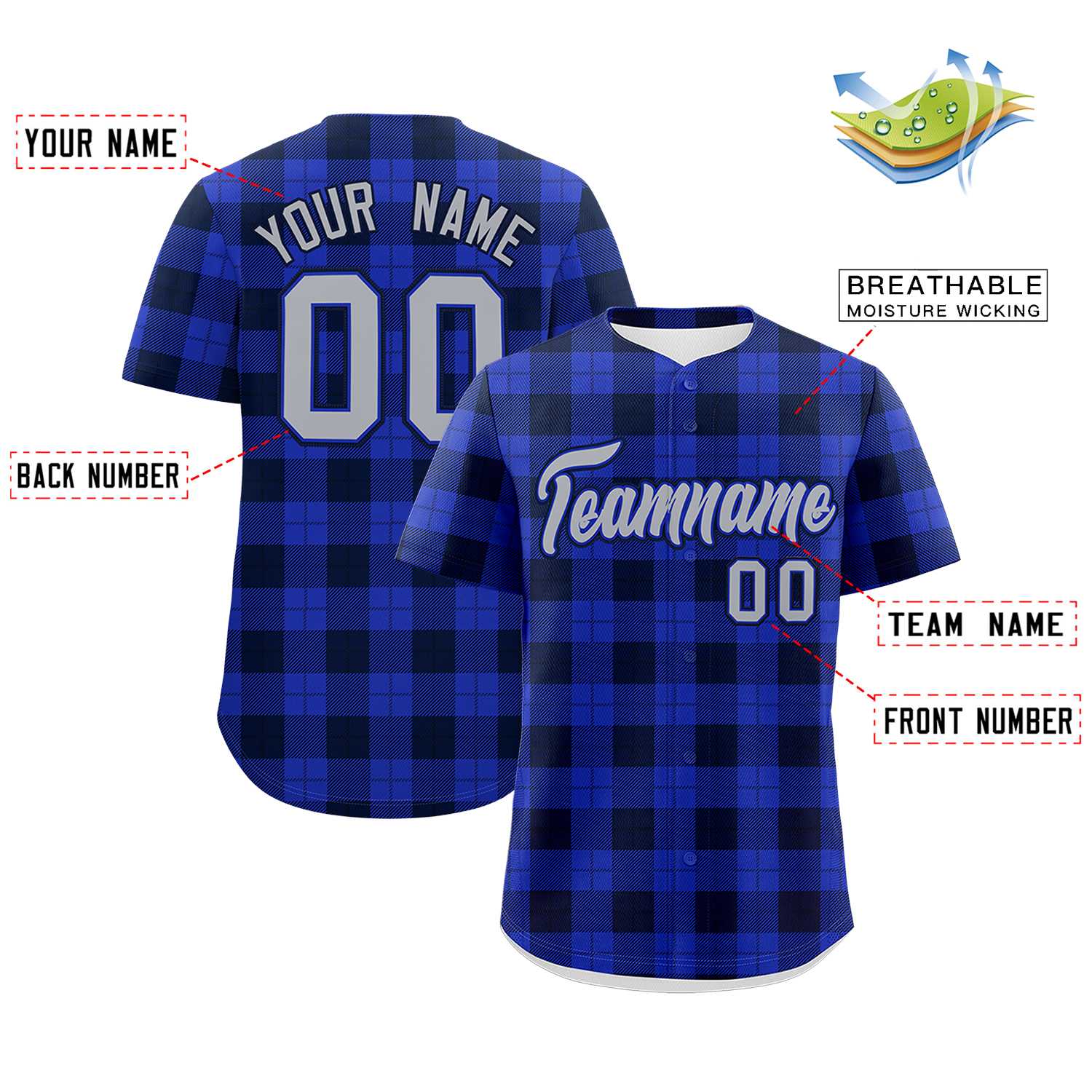 Custom Royal Navy Personalized Plaid Design Authentic Baseball Jersey