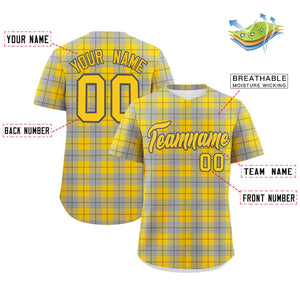 Custom Gold Gray Personalized Plaid Design Authentic Baseball Jersey