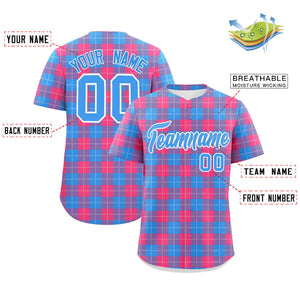 Custom Powder Blue Pink Personalized Plaid Design Authentic Baseball Jersey