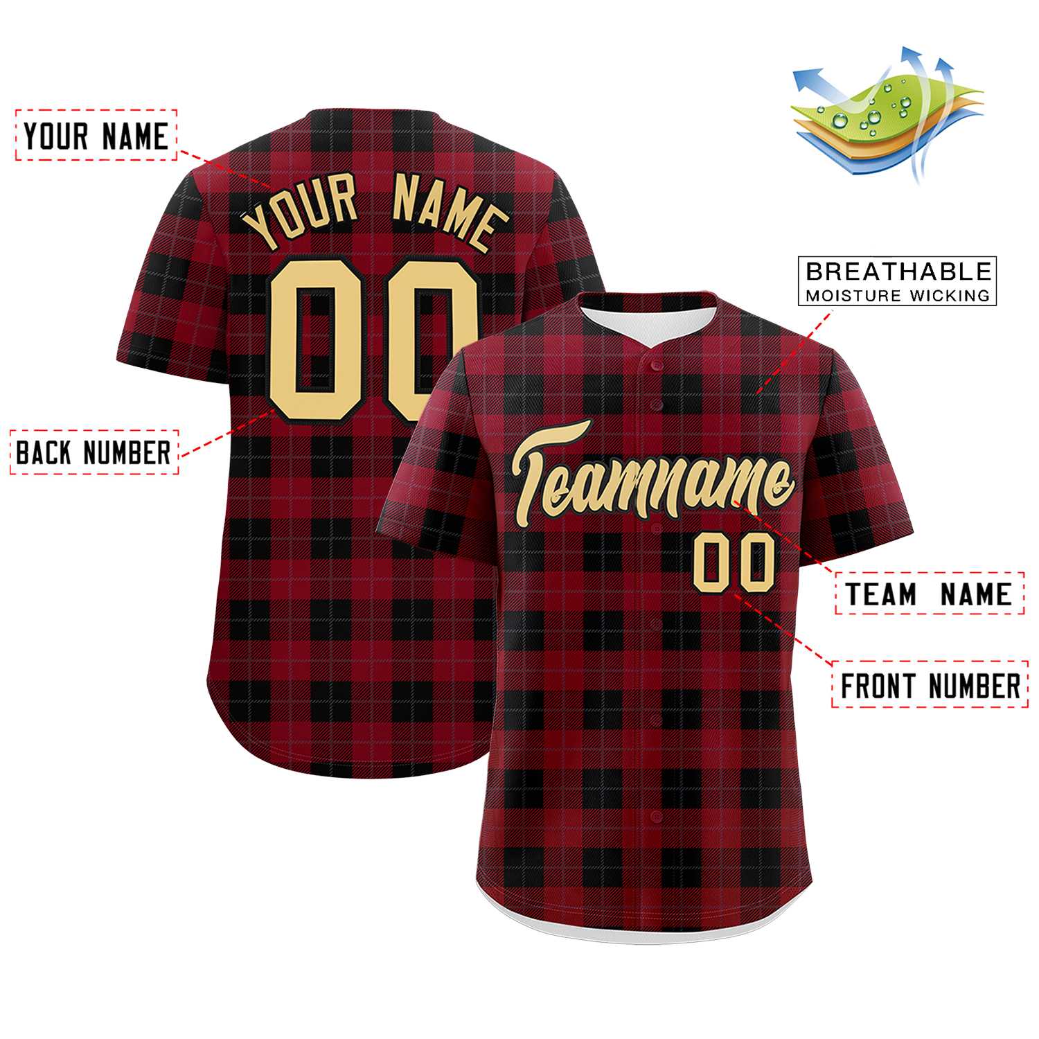 Custom Red Black Personalized Plaid Design Authentic Baseball Jersey